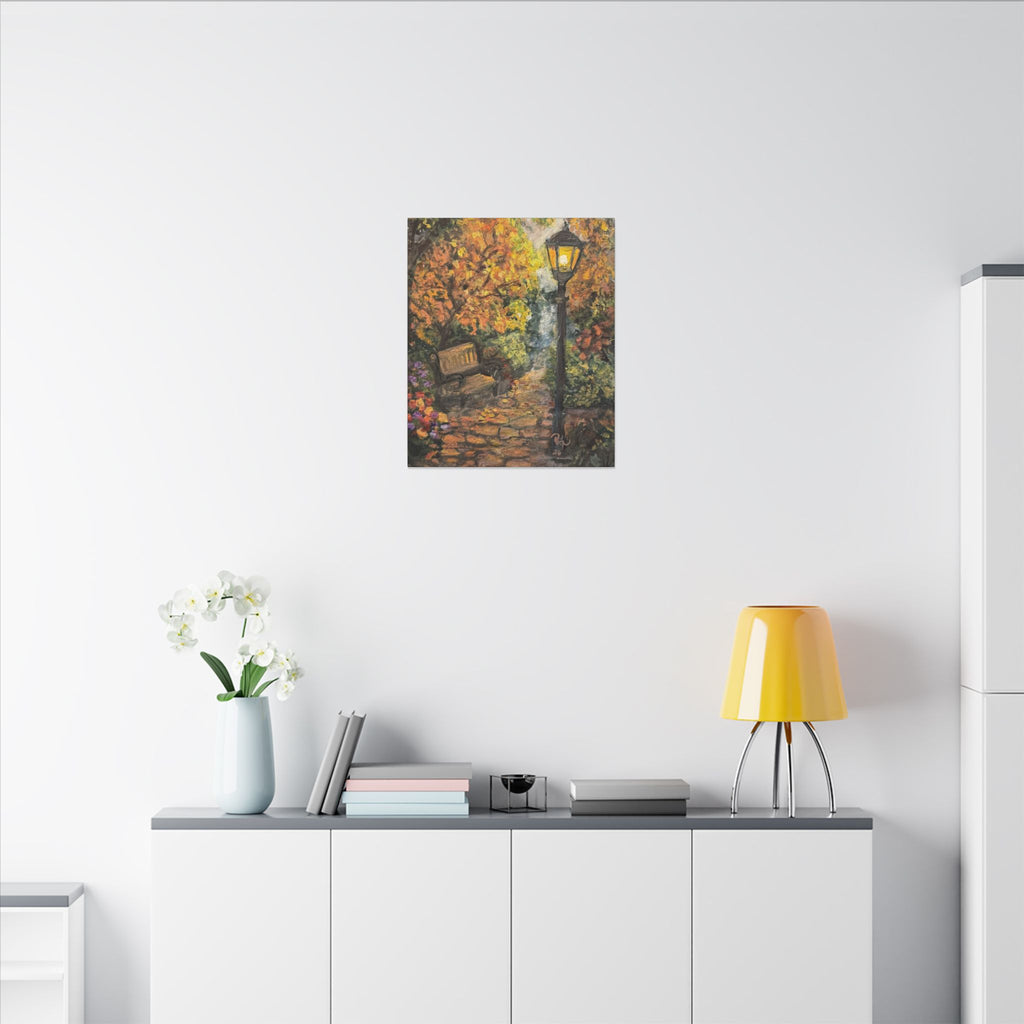 Autumn Evening in the Park Canvas Print of Original— Lantern & Bench Fall Wall Decor