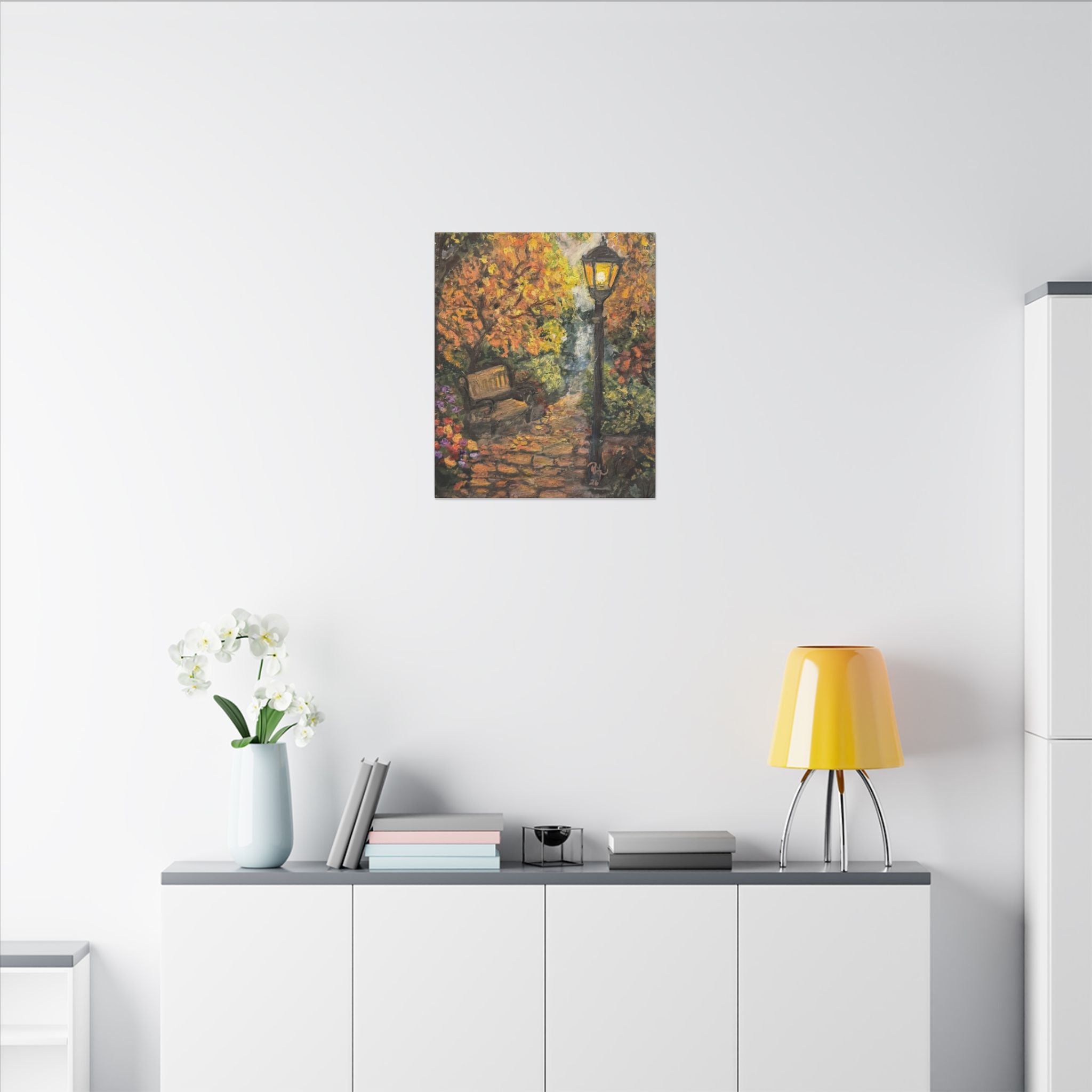 Autumn Evening in the Park Canvas Print of Original— Lantern & Bench Fall Wall Decor