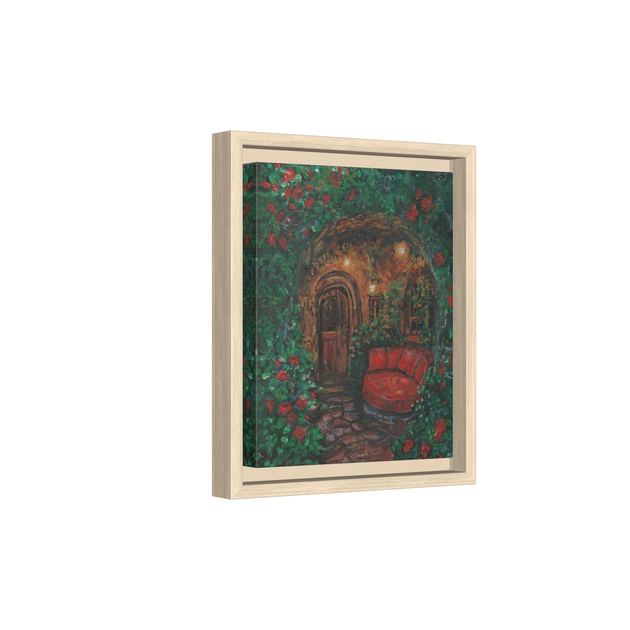 Framed Matte Canvas Art – Cozy Garden Doorway with Red Chair Print of Original Hidden Doorway
