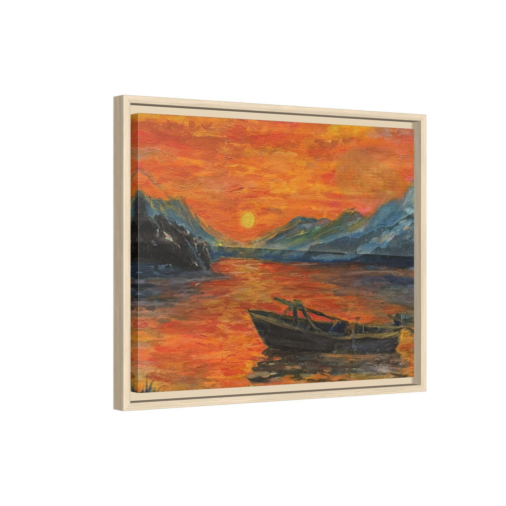 Boat on Sunset Lake Framed Canvas Print of Original — Orange Mountain Lake Wall Art