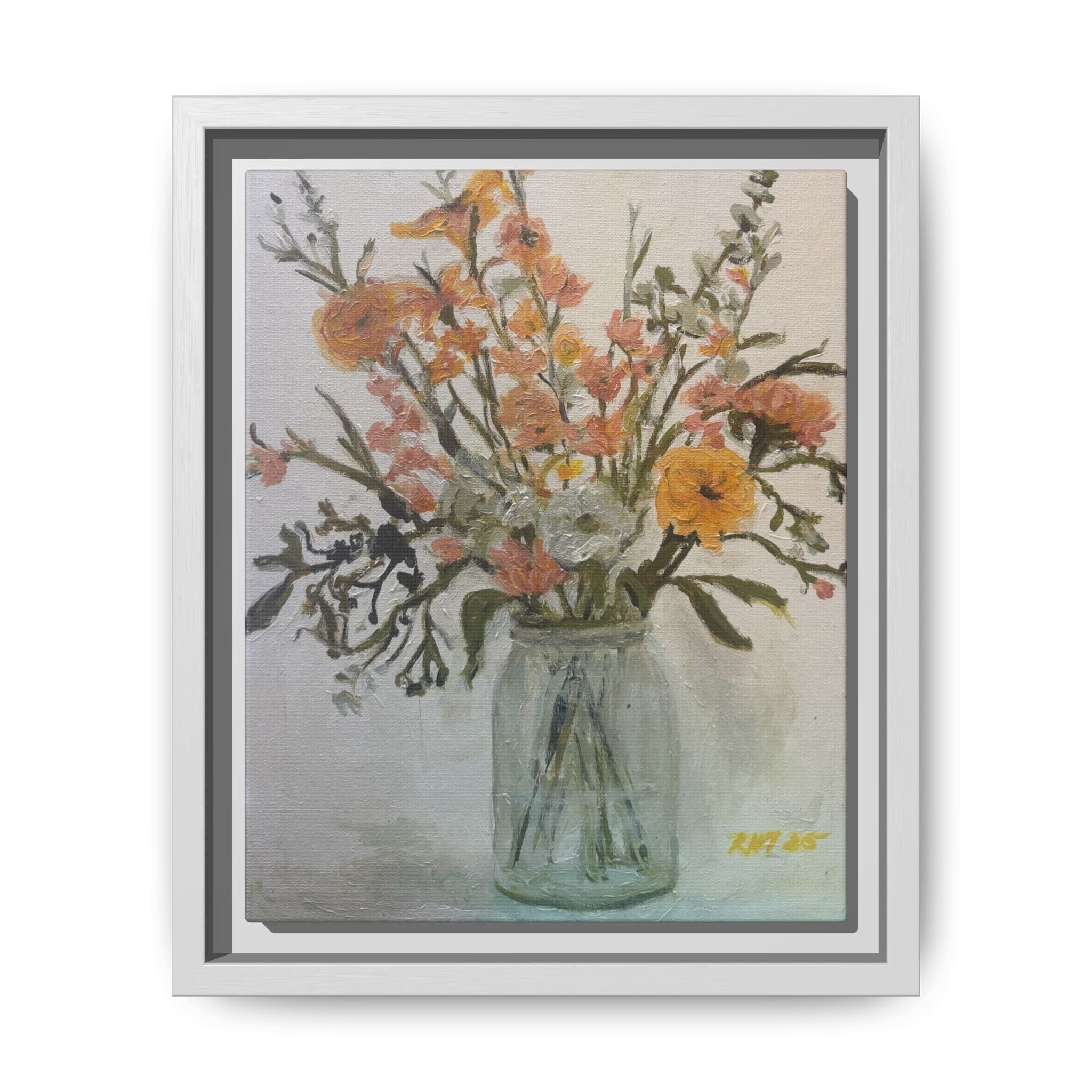 Framed Matte Canvas Art - Flower in Glass Jar Floral Painting Print of Original