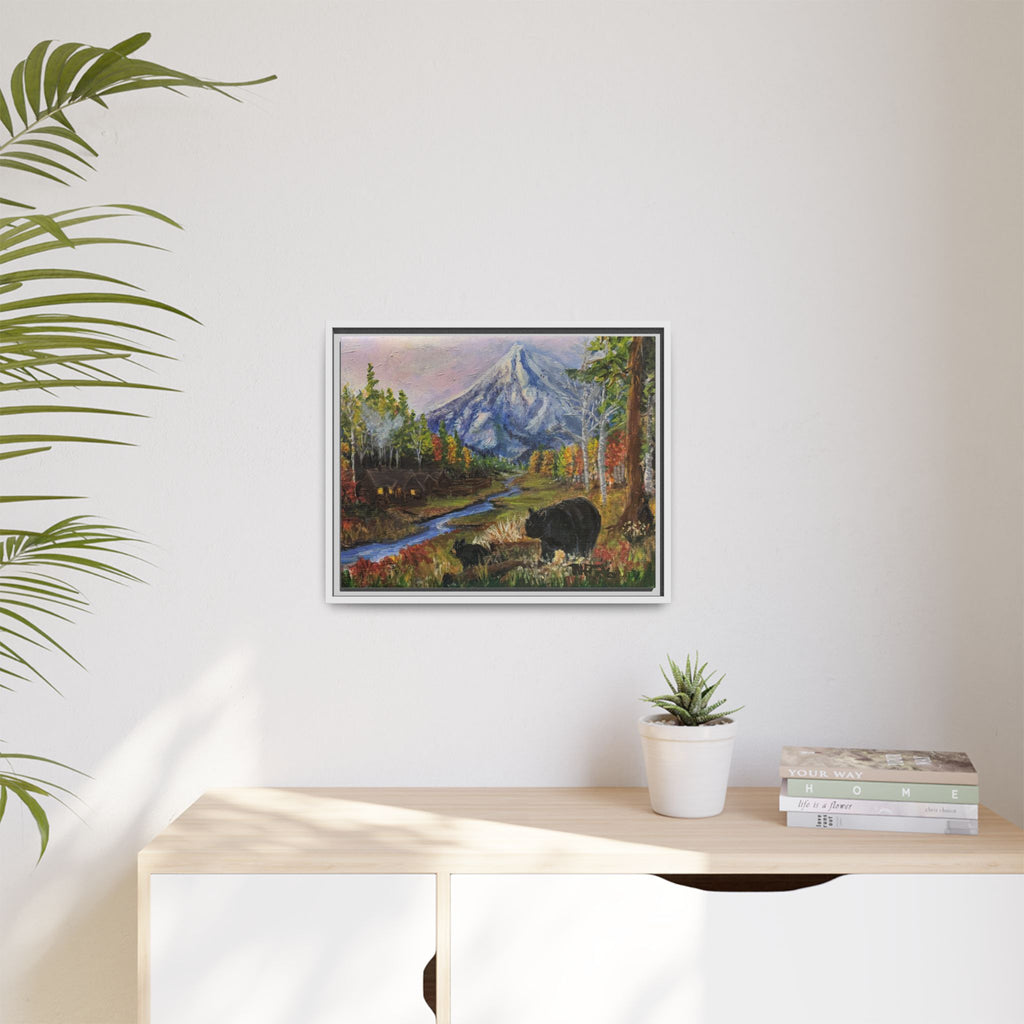 Framed Matte Canvas - Three Bear Stroll  - Mountain Stream with Bears Landscape Wall Art