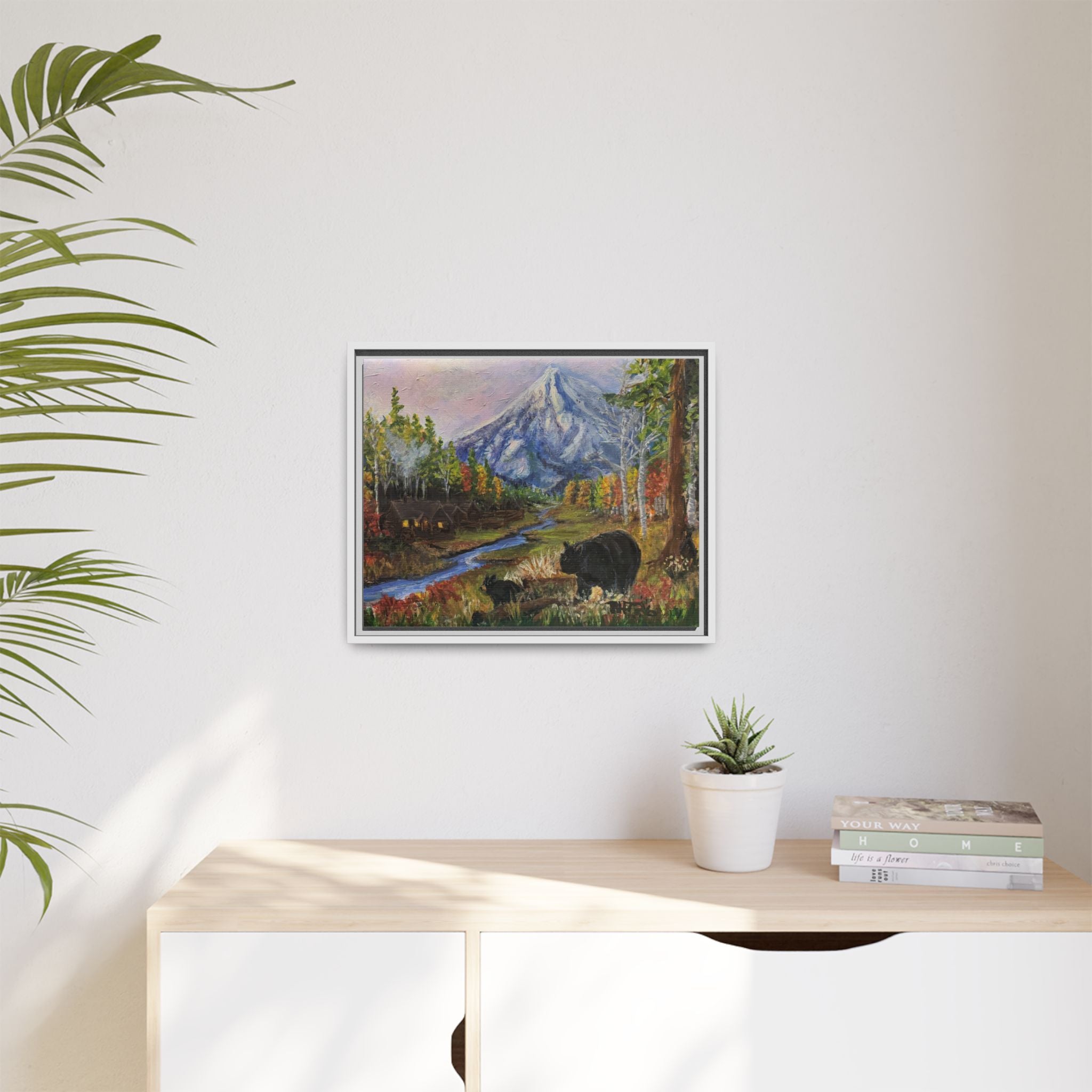 Framed Matte Canvas - Three Bear Stroll  - Mountain Stream with Bears Landscape Wall Art