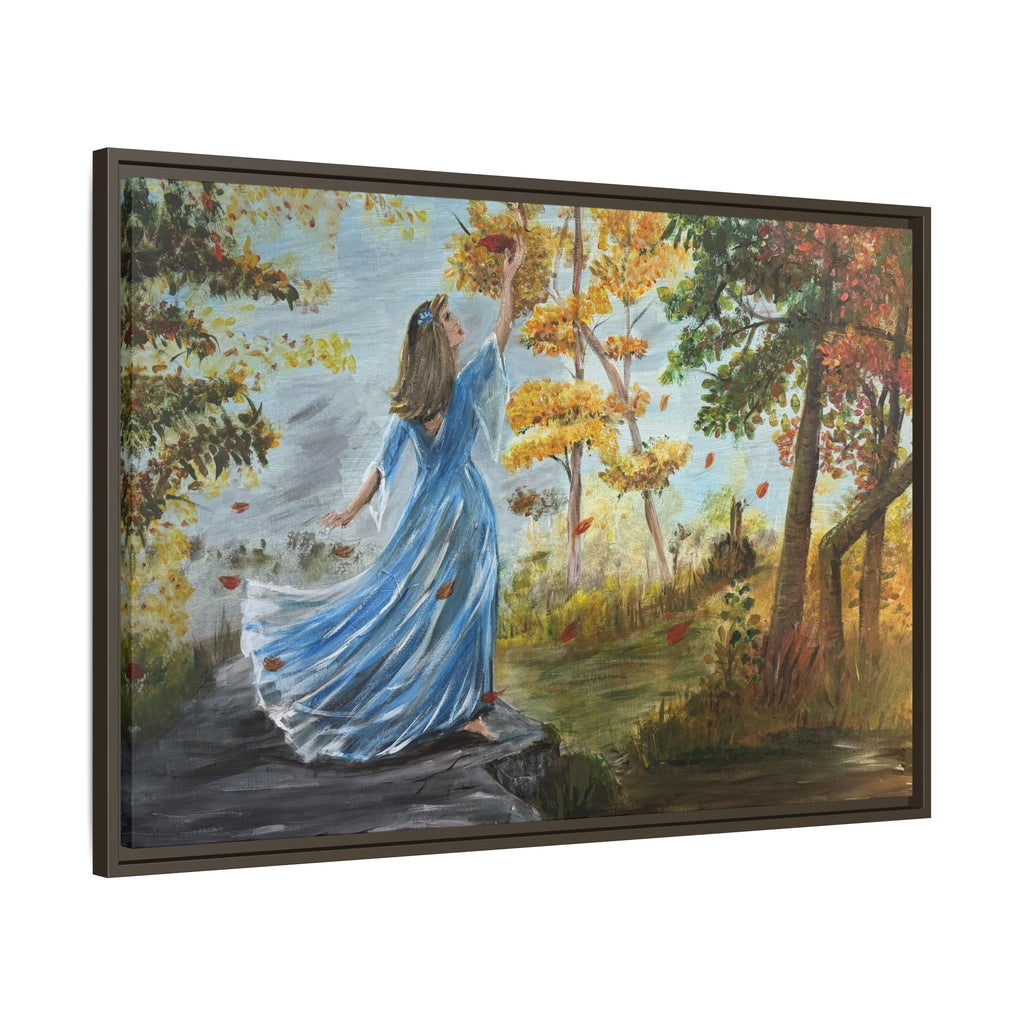Autumn Breeze Canvas Print — Woman in Blue Dress Framed Wall Art