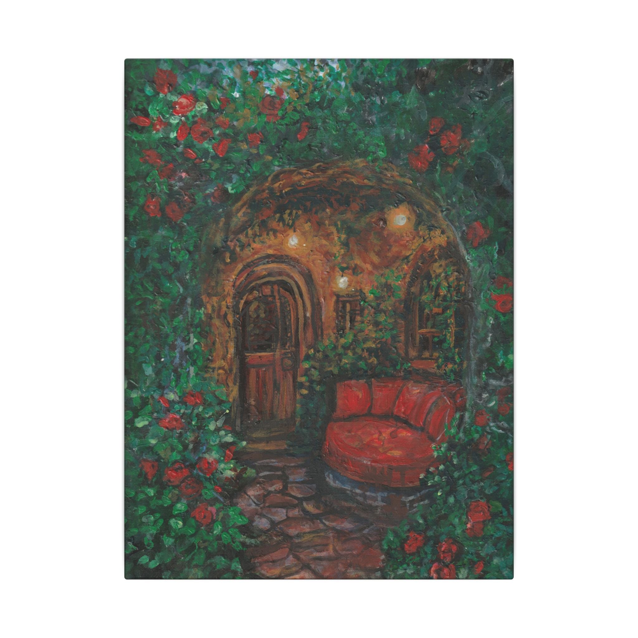 Hidden Entrance Canvas Art - Cozy Red Chair Doorway Painting Print of Original
