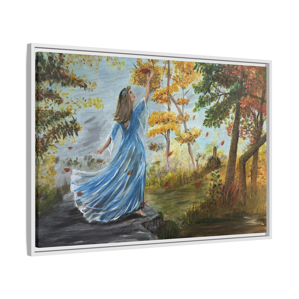 Autumn Breeze Canvas Print — Woman in Blue Dress Framed Wall Art