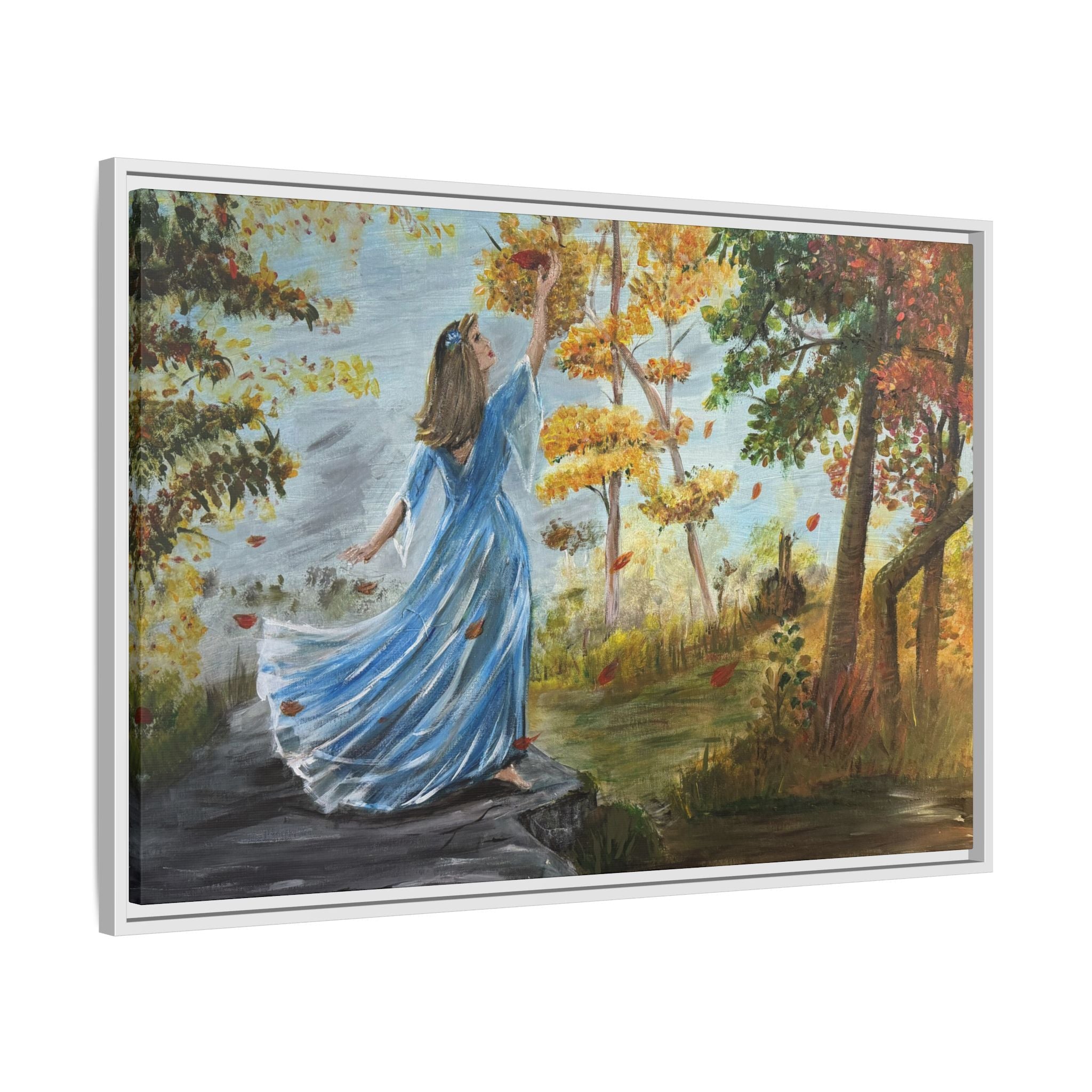 Autumn Breeze Canvas Print — Woman in Blue Dress Framed Wall Art