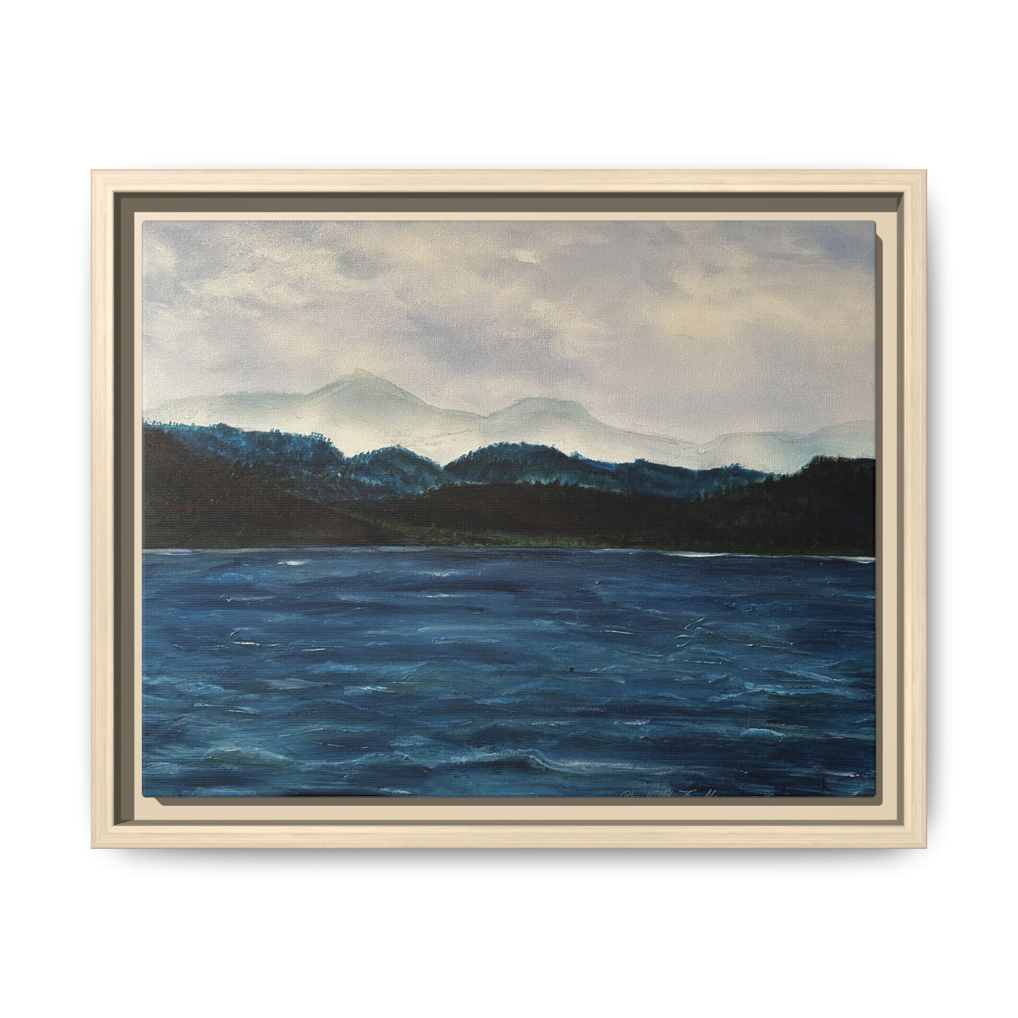 Framed Canvas Print of Original Misty Mountain – Moody Blue Wall Art