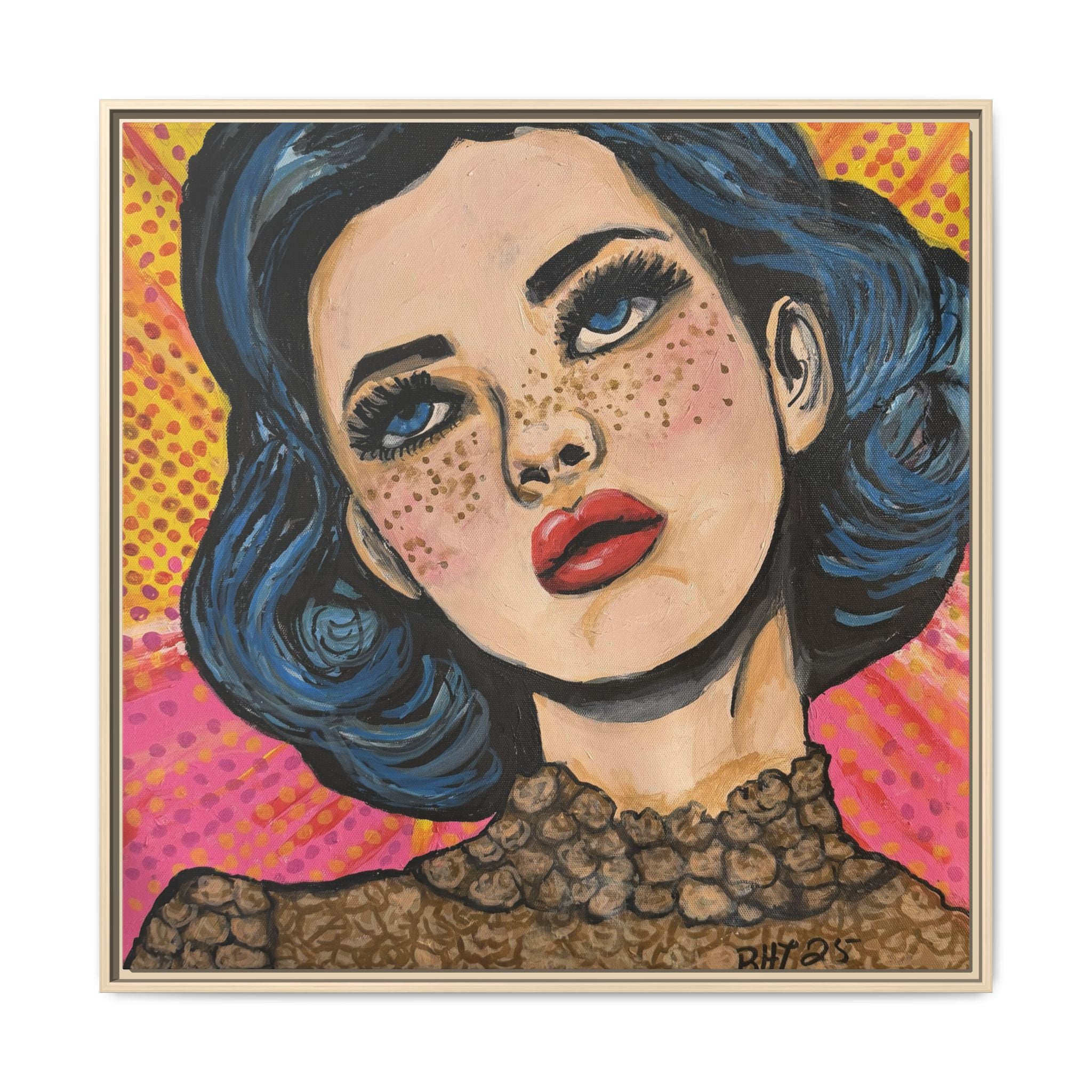 Pop Art Portrait Matte Canvas Print of Original "OMG" (Framed) — Retro Blue-Haired Woman Wall Art