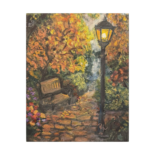 Autumn Evening in the Park Canvas Print of Original— Lantern & Bench Fall Wall Decor