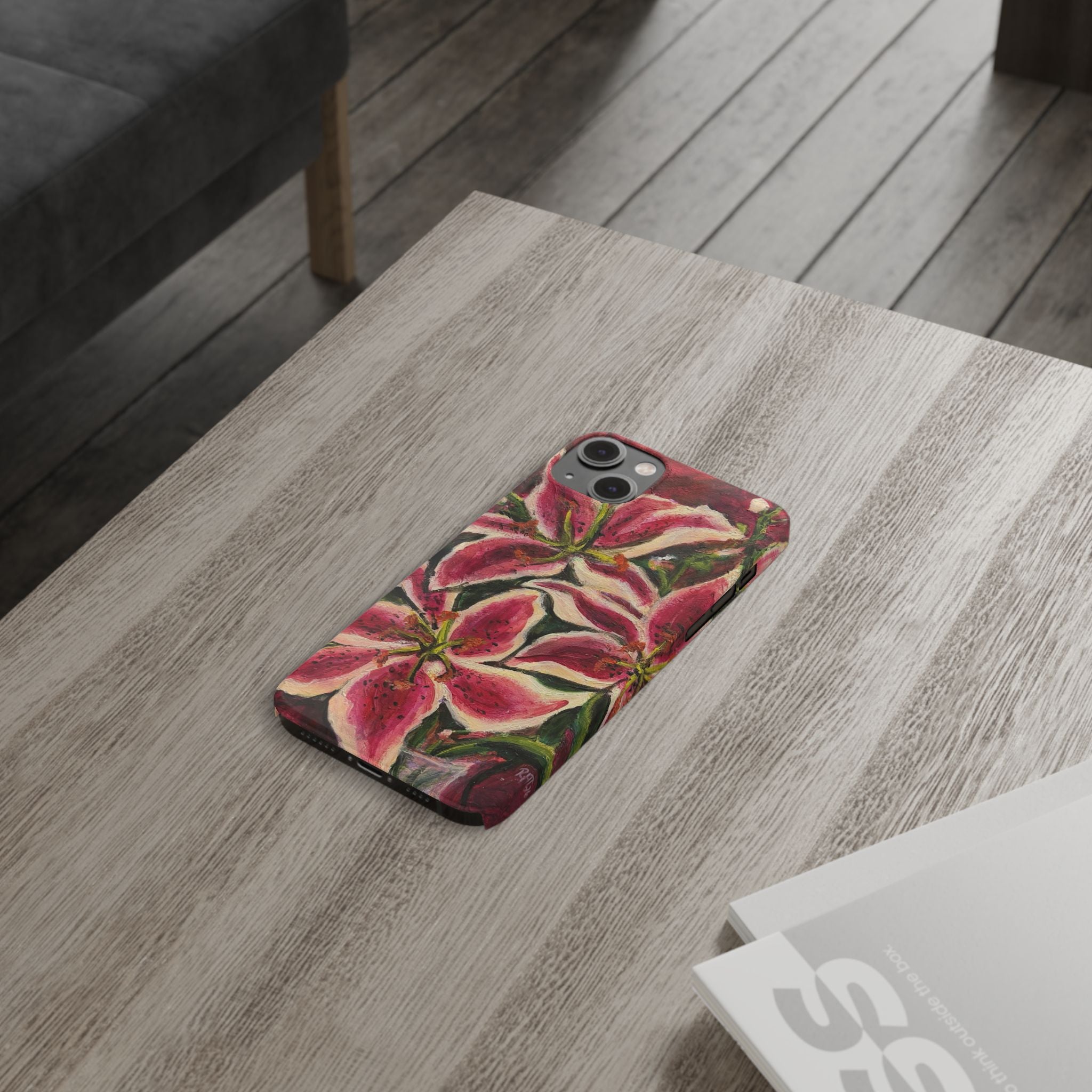 Slim Phone Case — Hand-Painted Pink Lily Floral Design