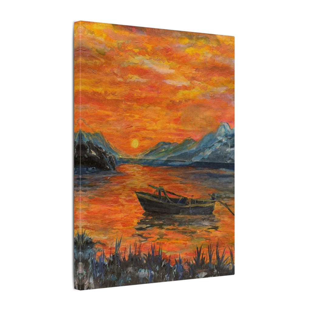 Boat on Sunset Lake Canvas Wall Art Print of Original— Orange Seascape Landscape Print