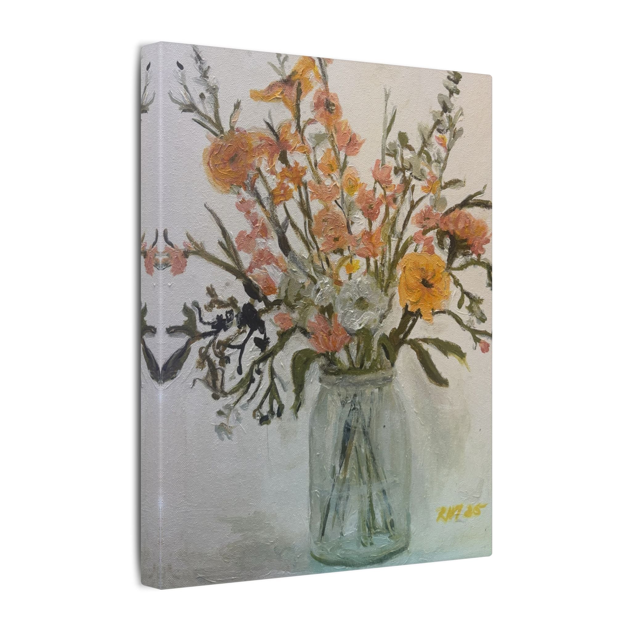 Flowers in Glass Jar Matte Canvas Print of Original— Rustic Cottage Wall Art