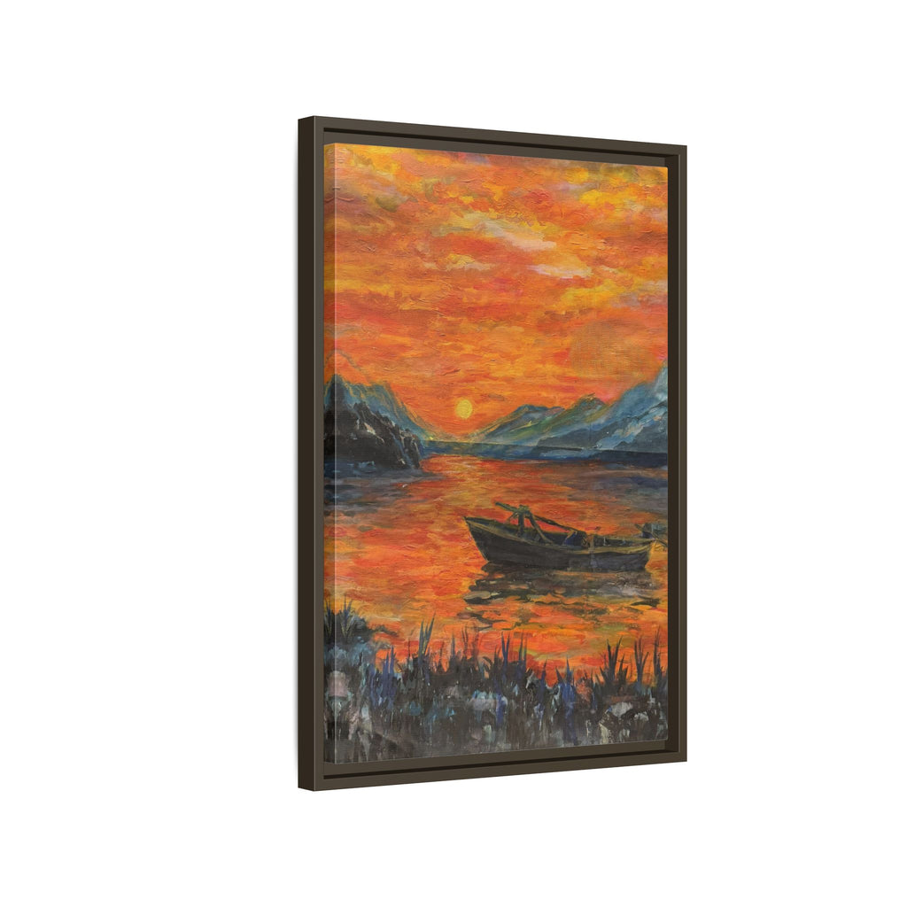 Boat on Sunset Lake Framed Canvas Print of Original — Orange Mountain Lake Wall Art