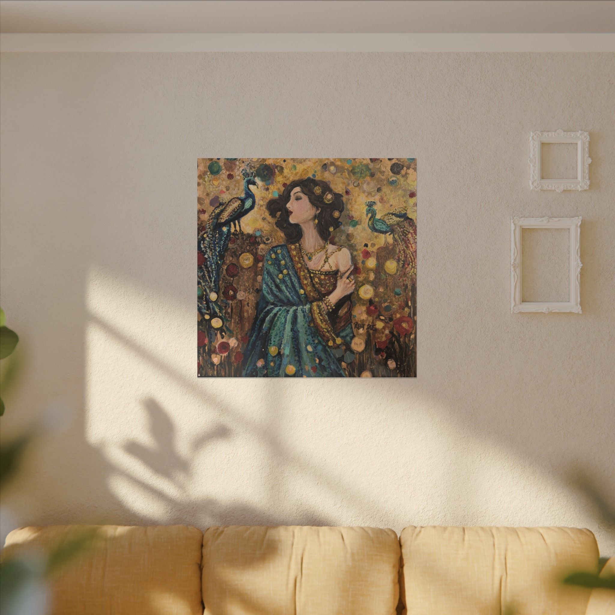 Gilded Peacock Muse Matte Canvas Wall Art  Print of Original— Stretched Decorative Painting