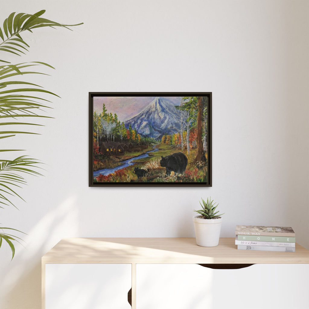 Framed Matte Canvas - Three Bear Stroll  - Mountain Stream with Bears Landscape Wall Art