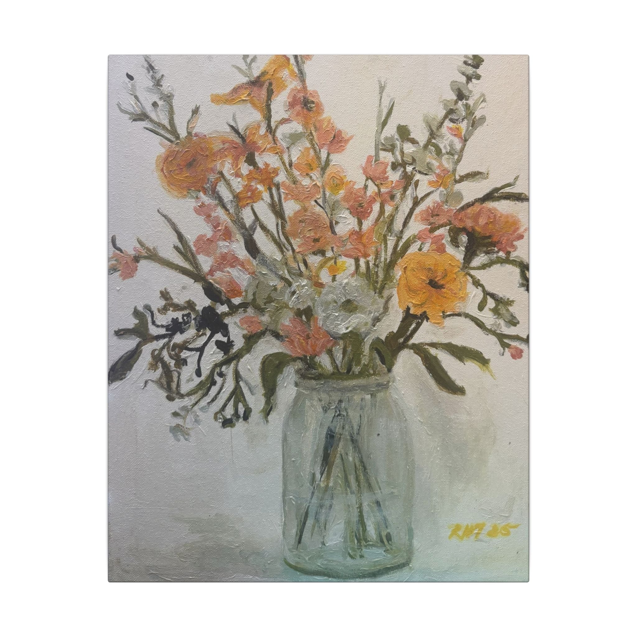 Flowers in Glass Jar Matte Canvas Print of Original— Rustic Cottage Wall Art