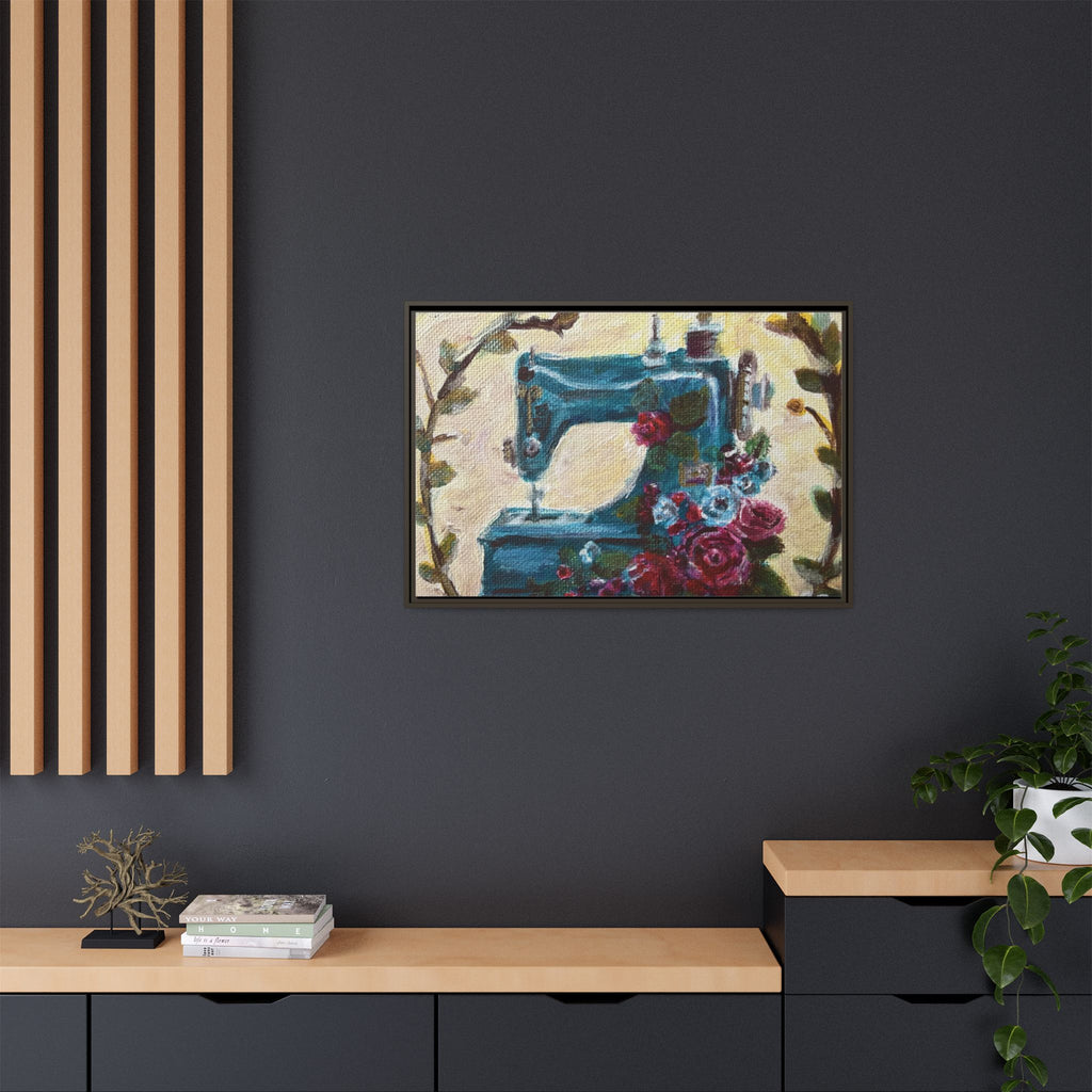 Framed Canvas Wall Art — Vintage Sewing Machine with Roses - Framed Print of the Original Grandma's Sewing Machine