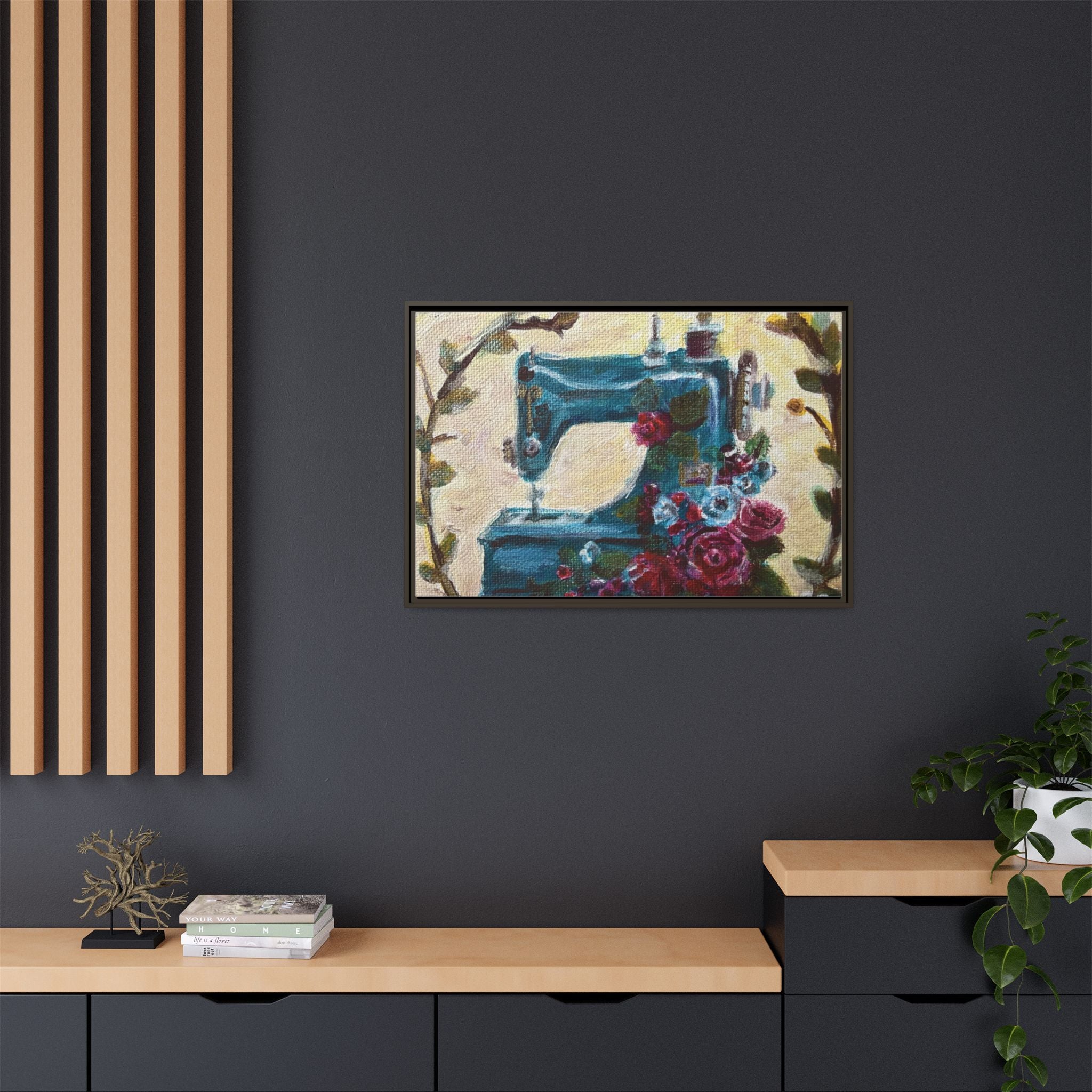 Framed Canvas Wall Art — Vintage Sewing Machine with Roses - Framed Print of the Original Grandma's Sewing Machine