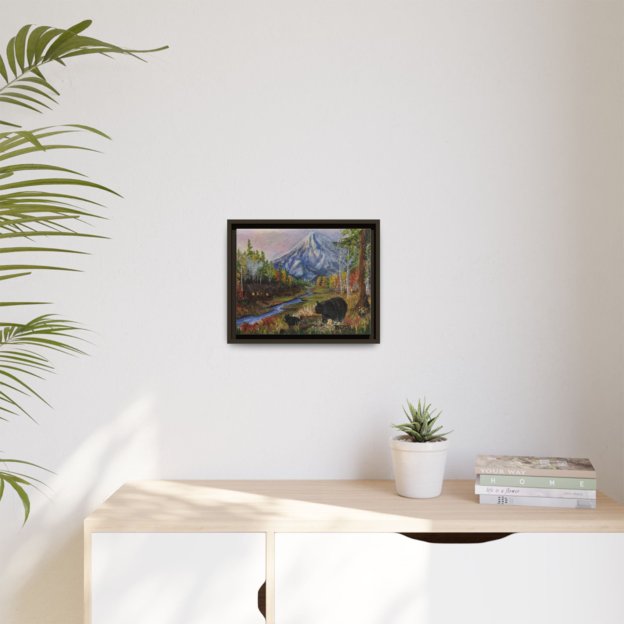 Framed Matte Canvas - Three Bear Stroll  - Mountain Stream with Bears Landscape Wall Art