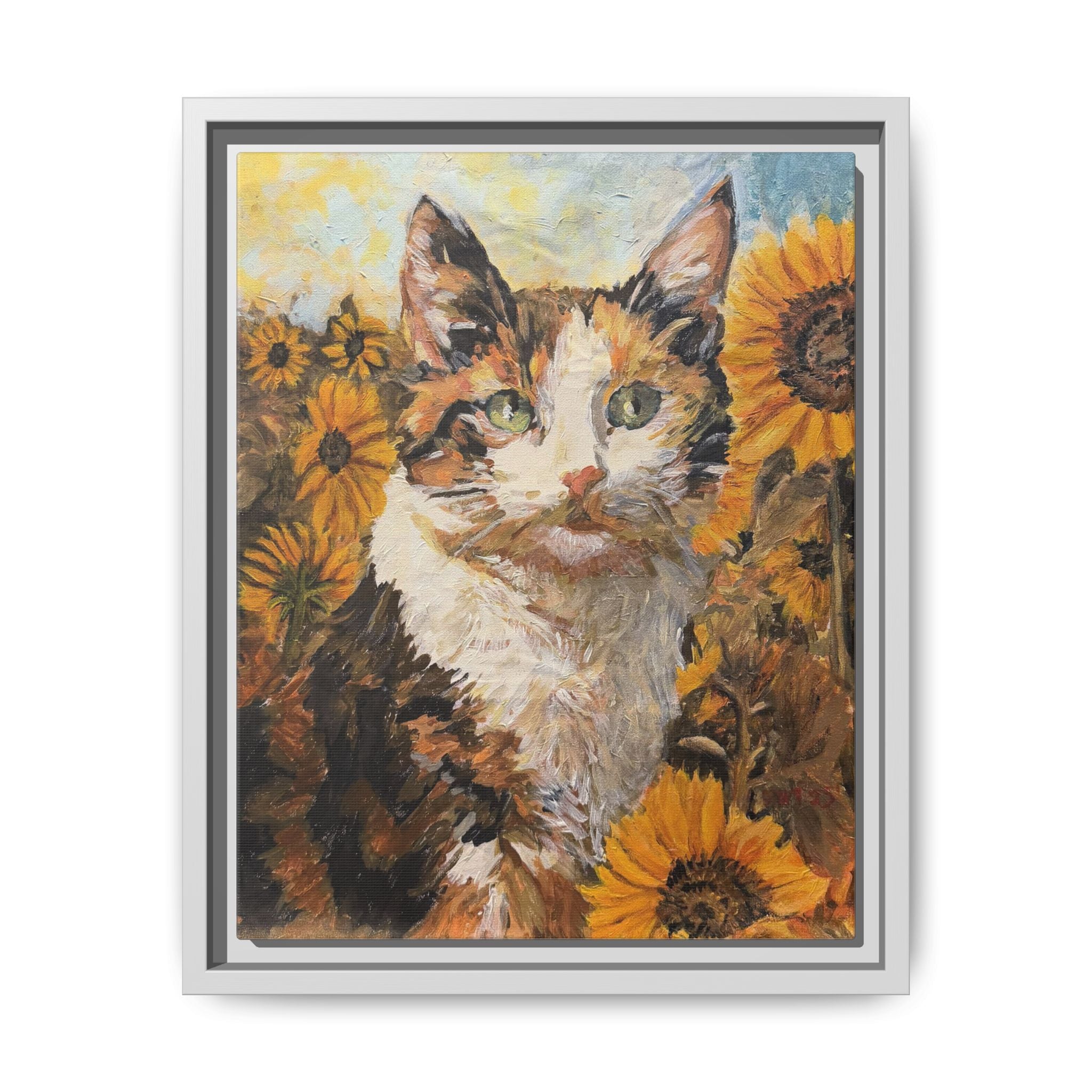Dixie Cat in Sunflowers — Framed Matte Canvas Wall Art - Print of Original