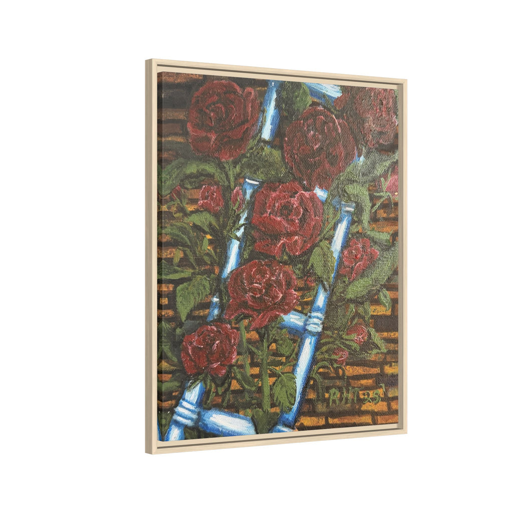 Framed Matte Canvas Art Print of Original Climbing Roses — Red Roses & Blue Ladder Floral Painting