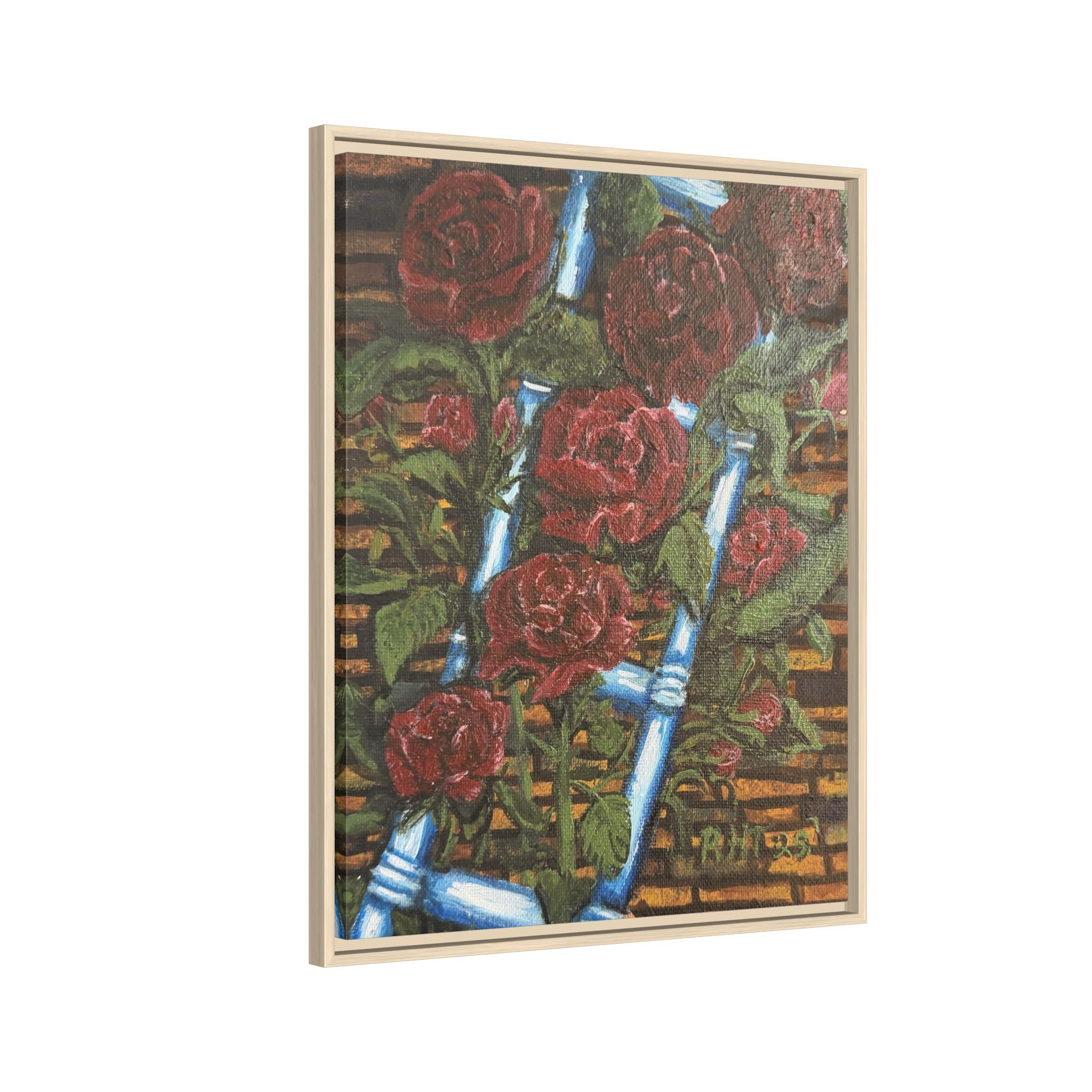 Framed Matte Canvas Art Print of Original Climbing Roses — Red Roses & Blue Ladder Floral Painting