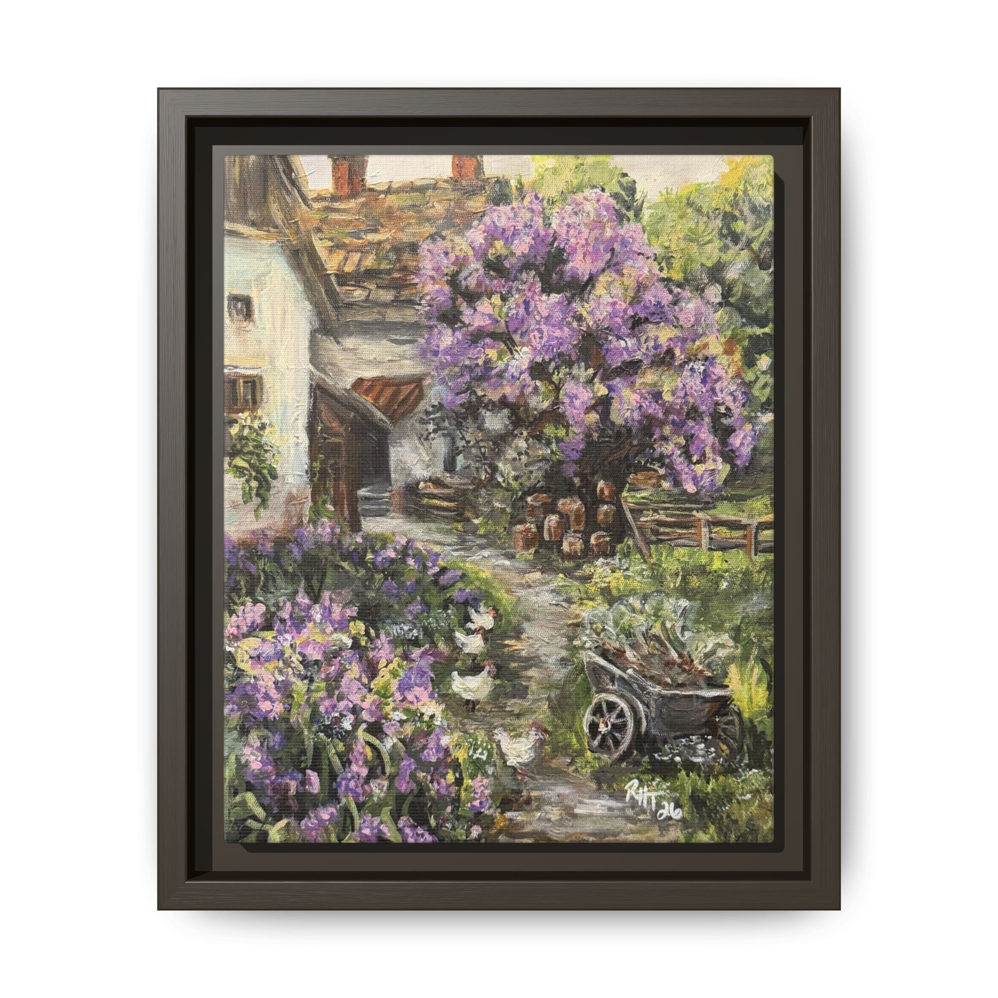 Framed Matte Canvas Print of Original Lavender Cottage— Cottage Garden with Purple Wisteria Wall Art