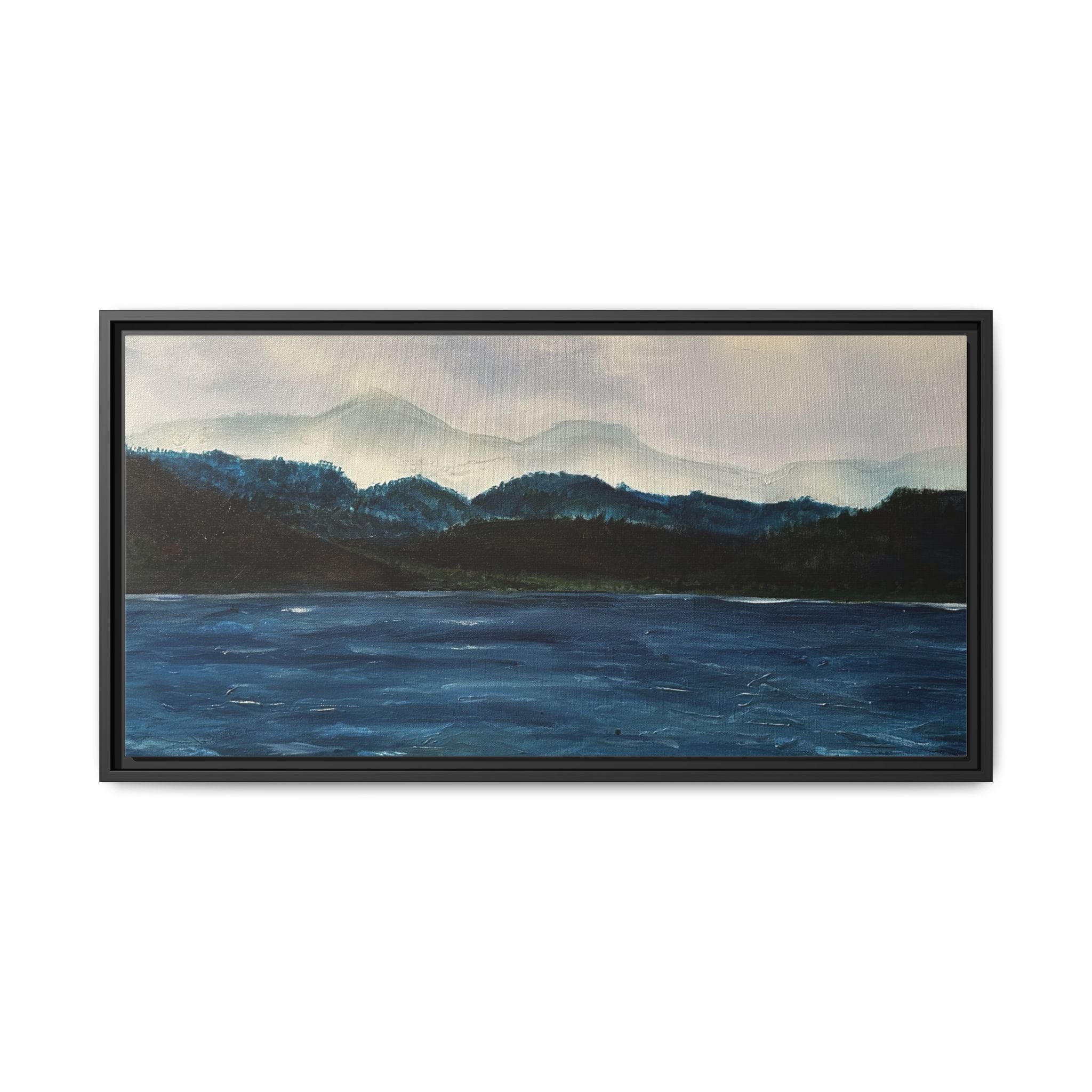 Framed Canvas Print of Original Misty Mountain – Moody Blue Wall Art