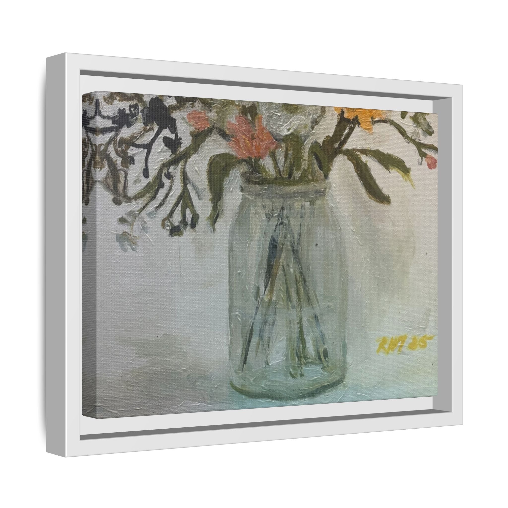 Framed Matte Canvas Art - Flower in Glass Jar Floral Painting Print of Original