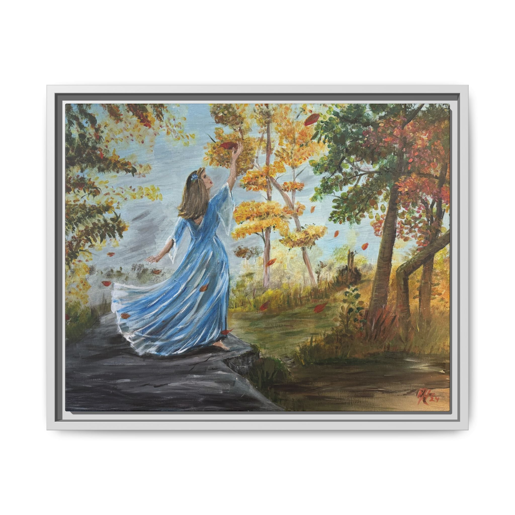 Autumn Breeze Canvas Print — Woman in Blue Dress Framed Wall Art