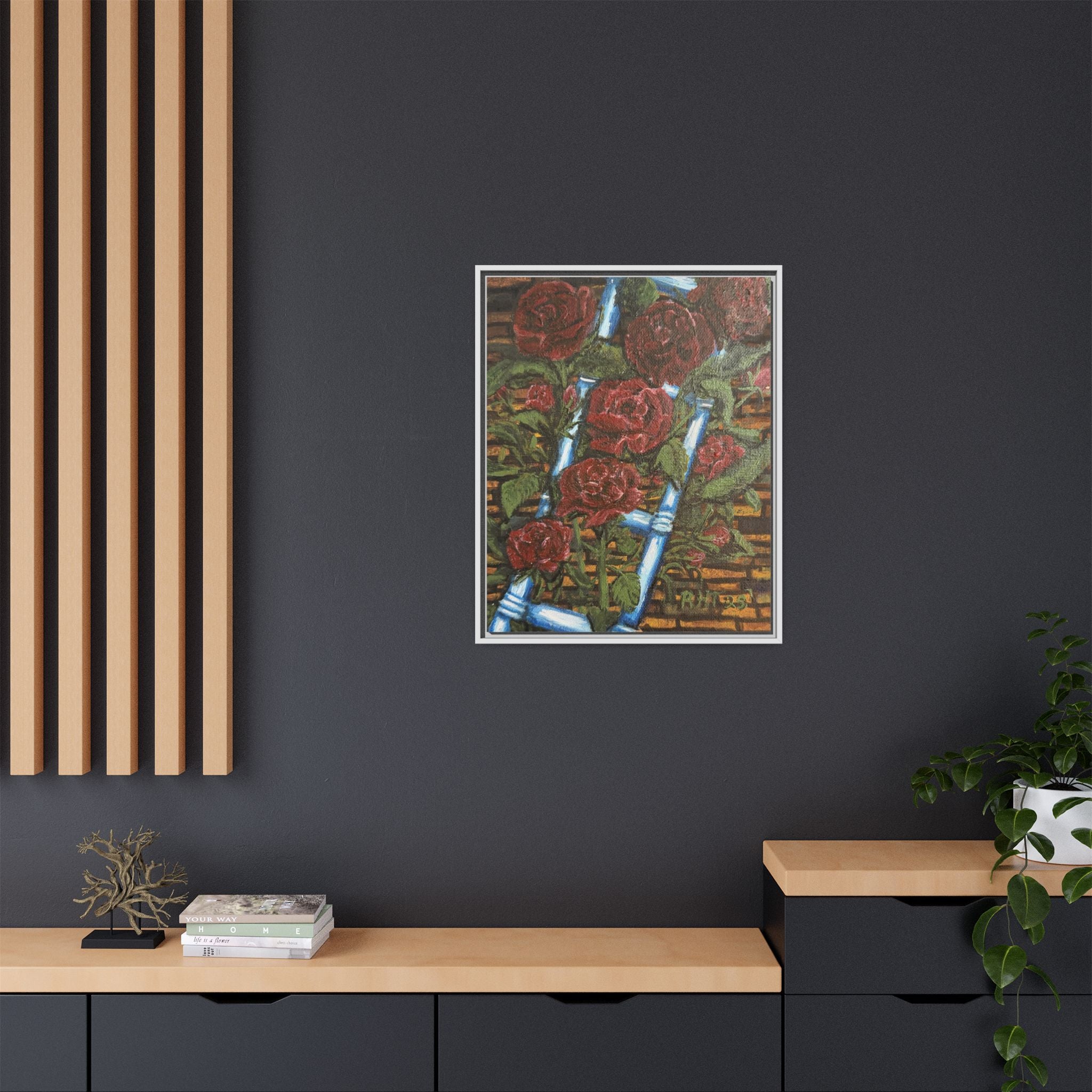 Framed Matte Canvas Art Print of Original Climbing Roses — Red Roses & Blue Ladder Floral Painting
