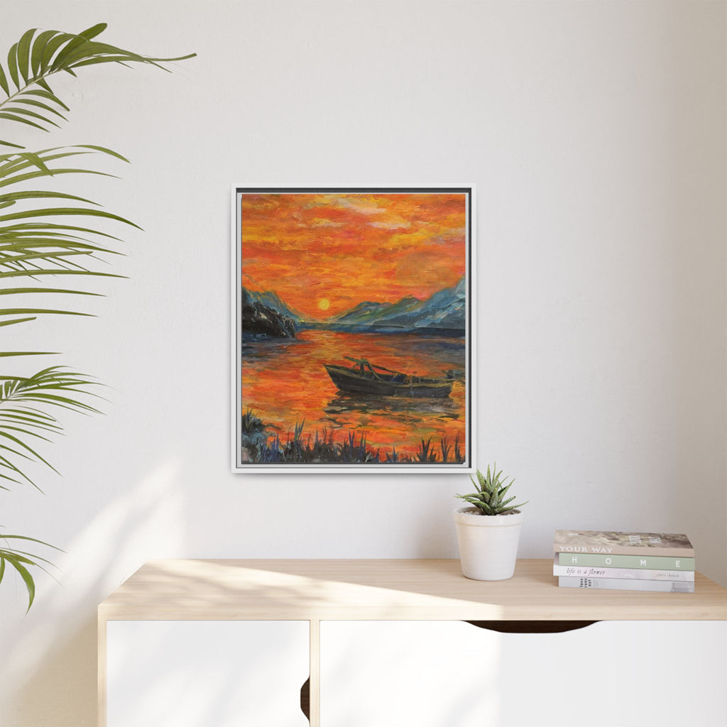 Boat on Sunset Lake Framed Canvas Print of Original — Orange Mountain Lake Wall Art