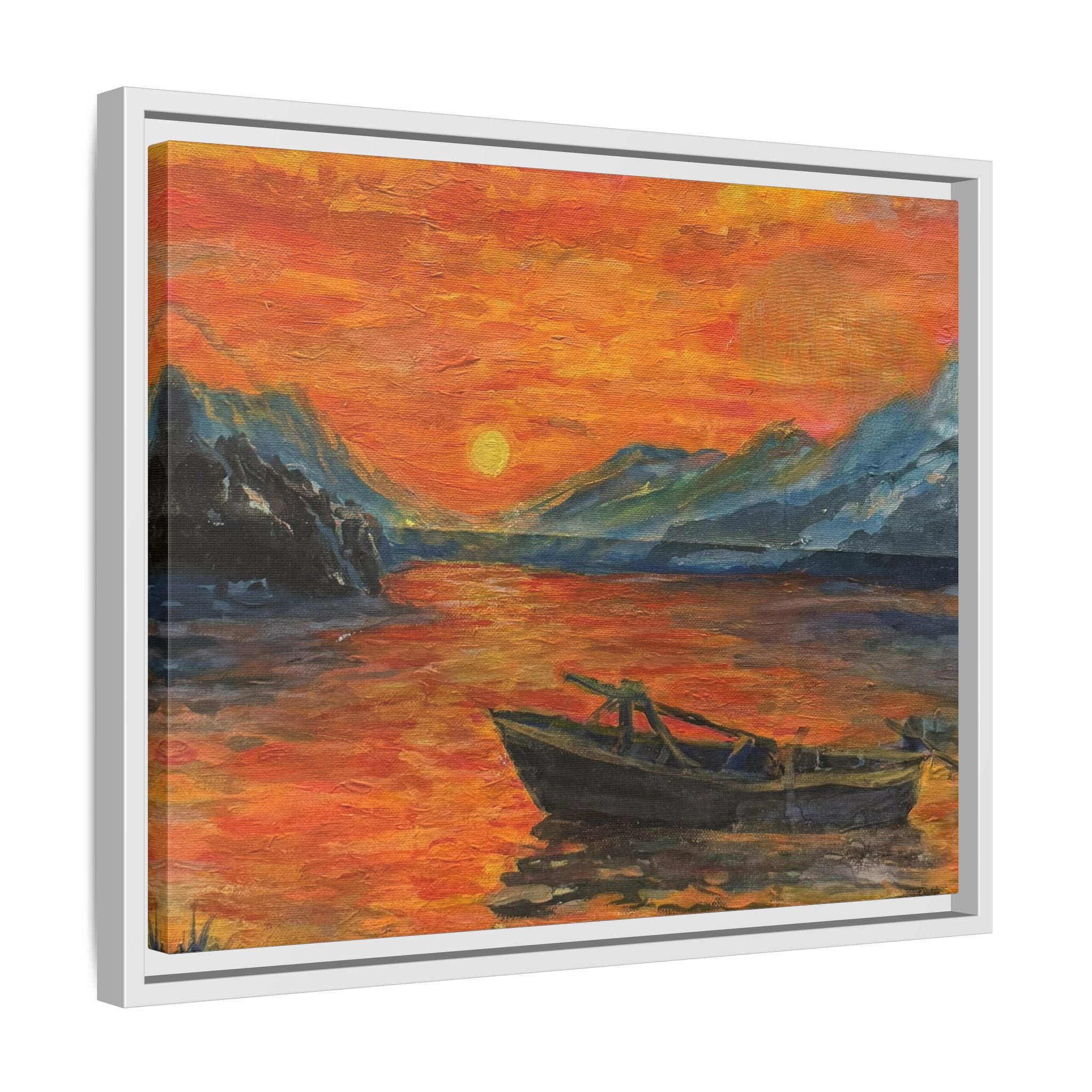 Boat on Sunset Lake Framed Canvas Print of Original — Orange Mountain Lake Wall Art