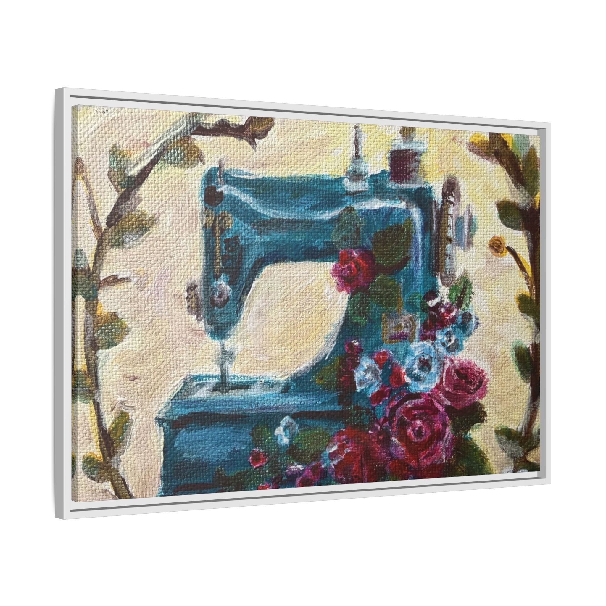 Framed Canvas Wall Art — Vintage Sewing Machine with Roses - Framed Print of the Original Grandma's Sewing Machine