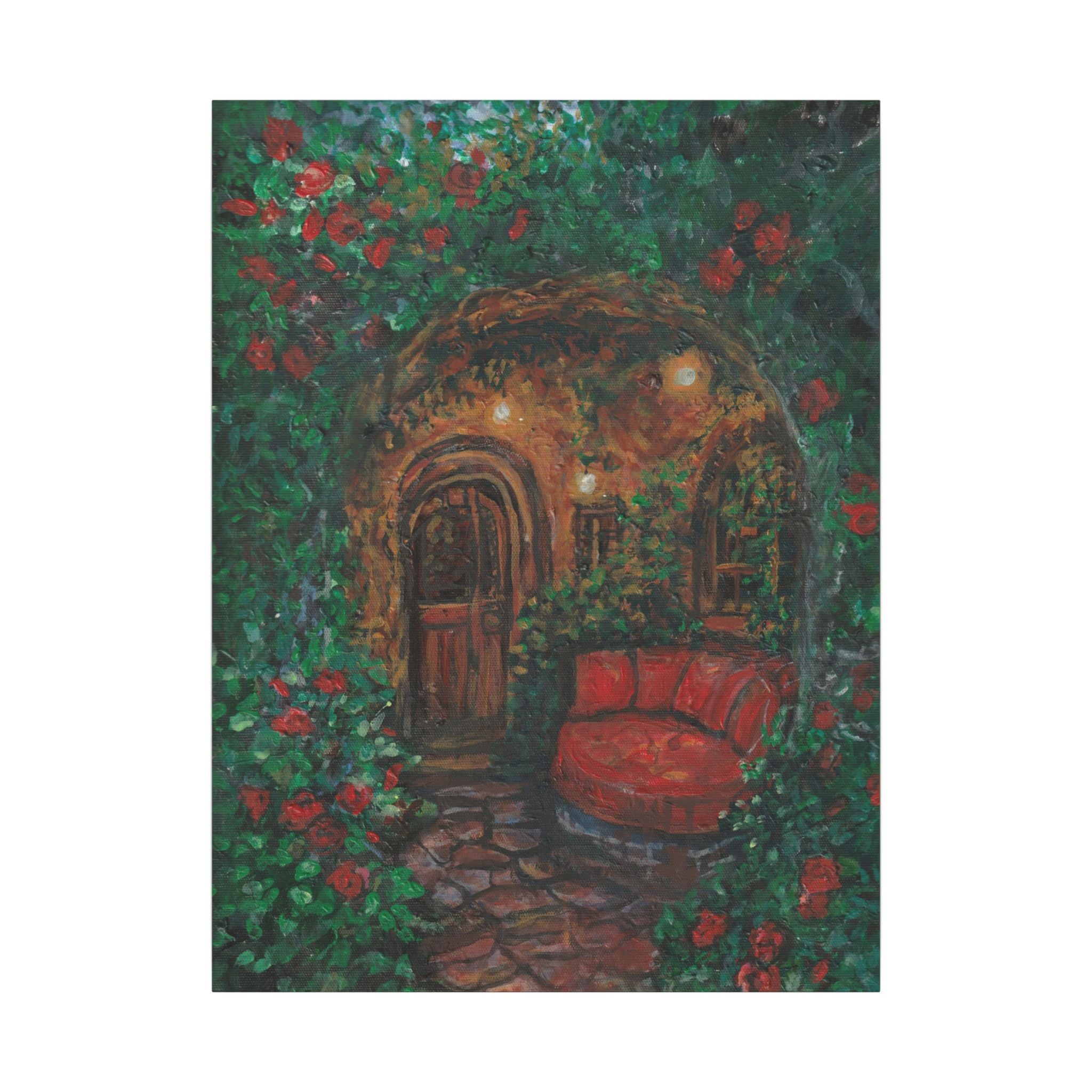 Hidden Entrance Canvas Art - Cozy Red Chair Doorway Painting Print of Original