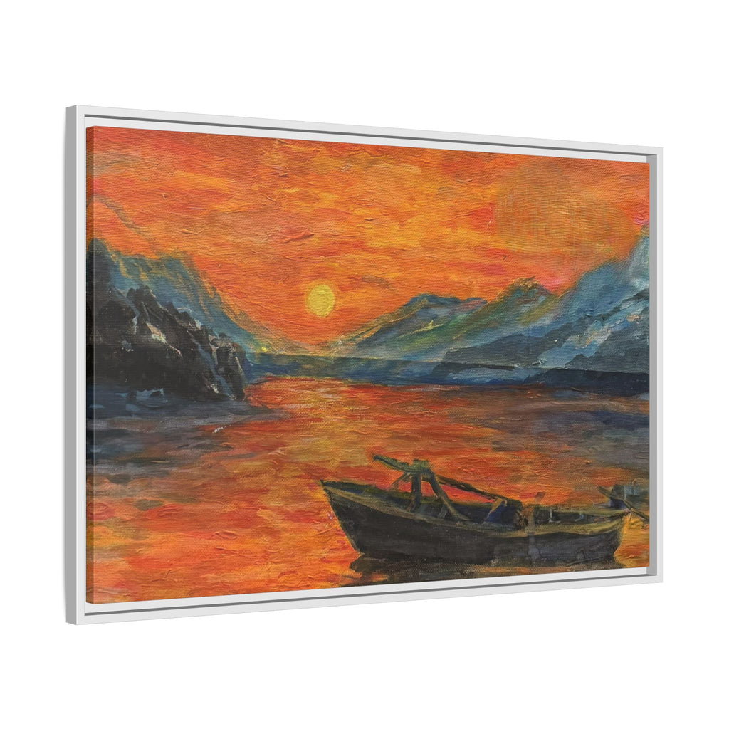 Boat on Sunset Lake Framed Canvas Print of Original — Orange Mountain Lake Wall Art