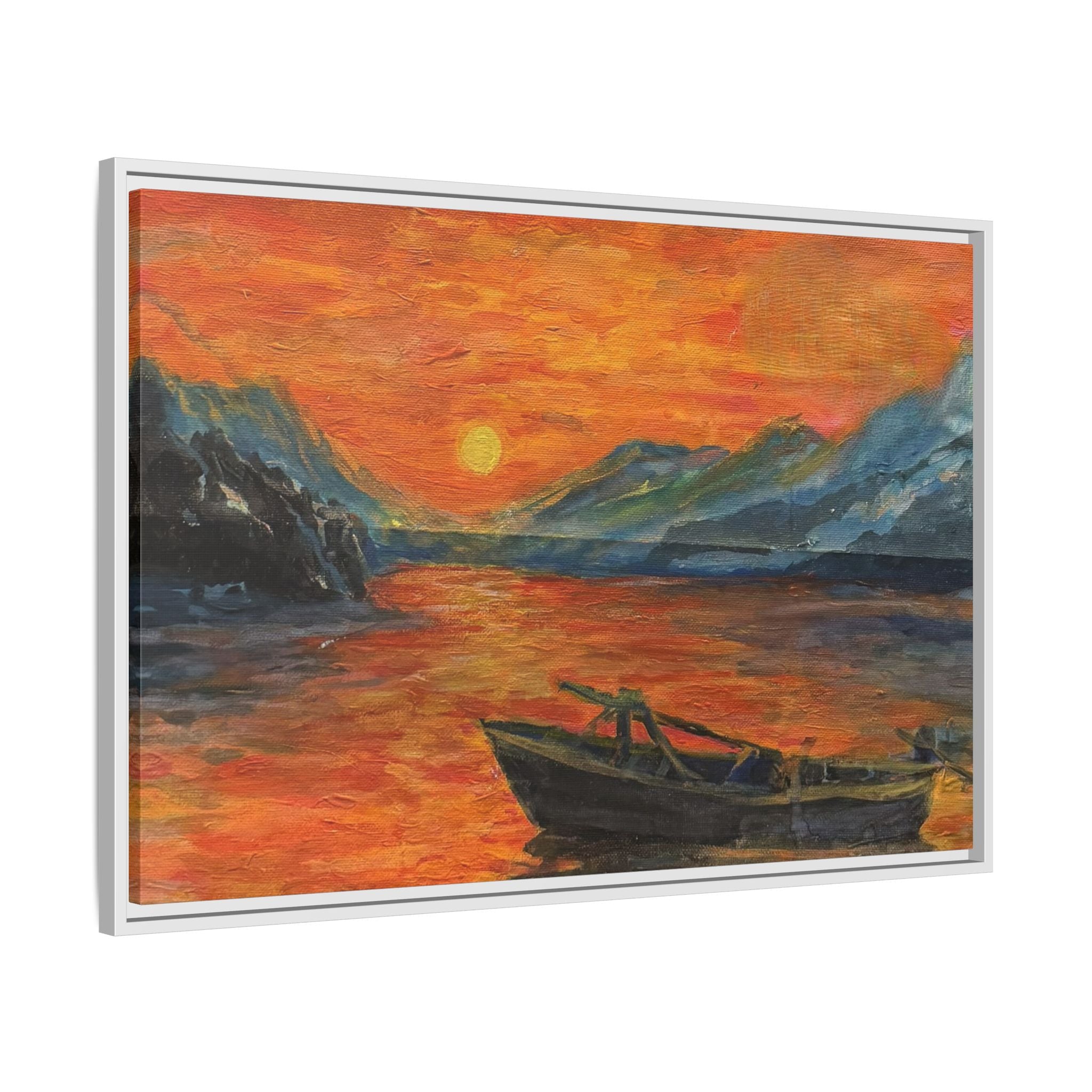 Boat on Sunset Lake Framed Canvas Print of Original — Orange Mountain Lake Wall Art