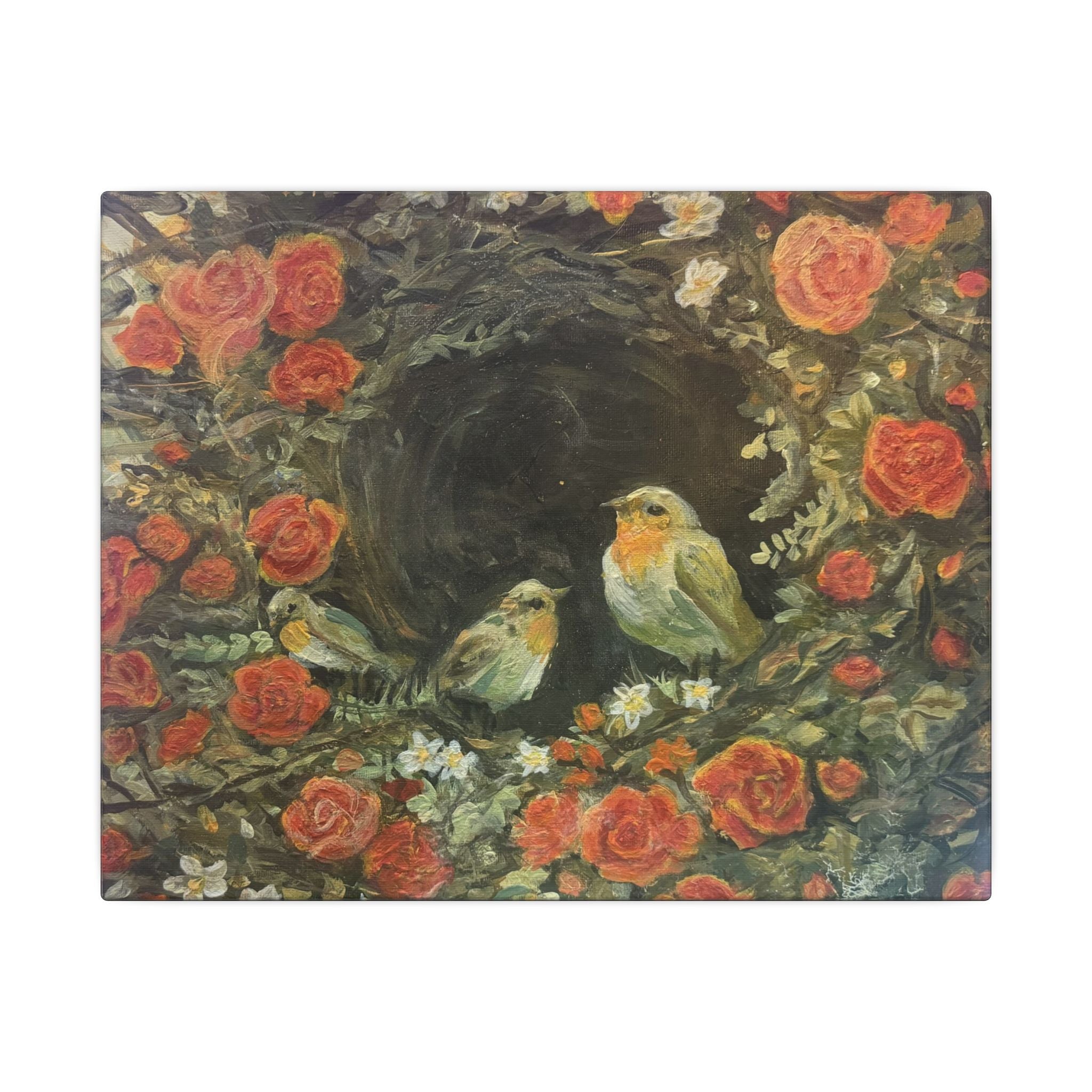 Canvas Wall Art Print of Original Nesting- Vintage Robins Nest with Roses Painting (Matte Stretched)