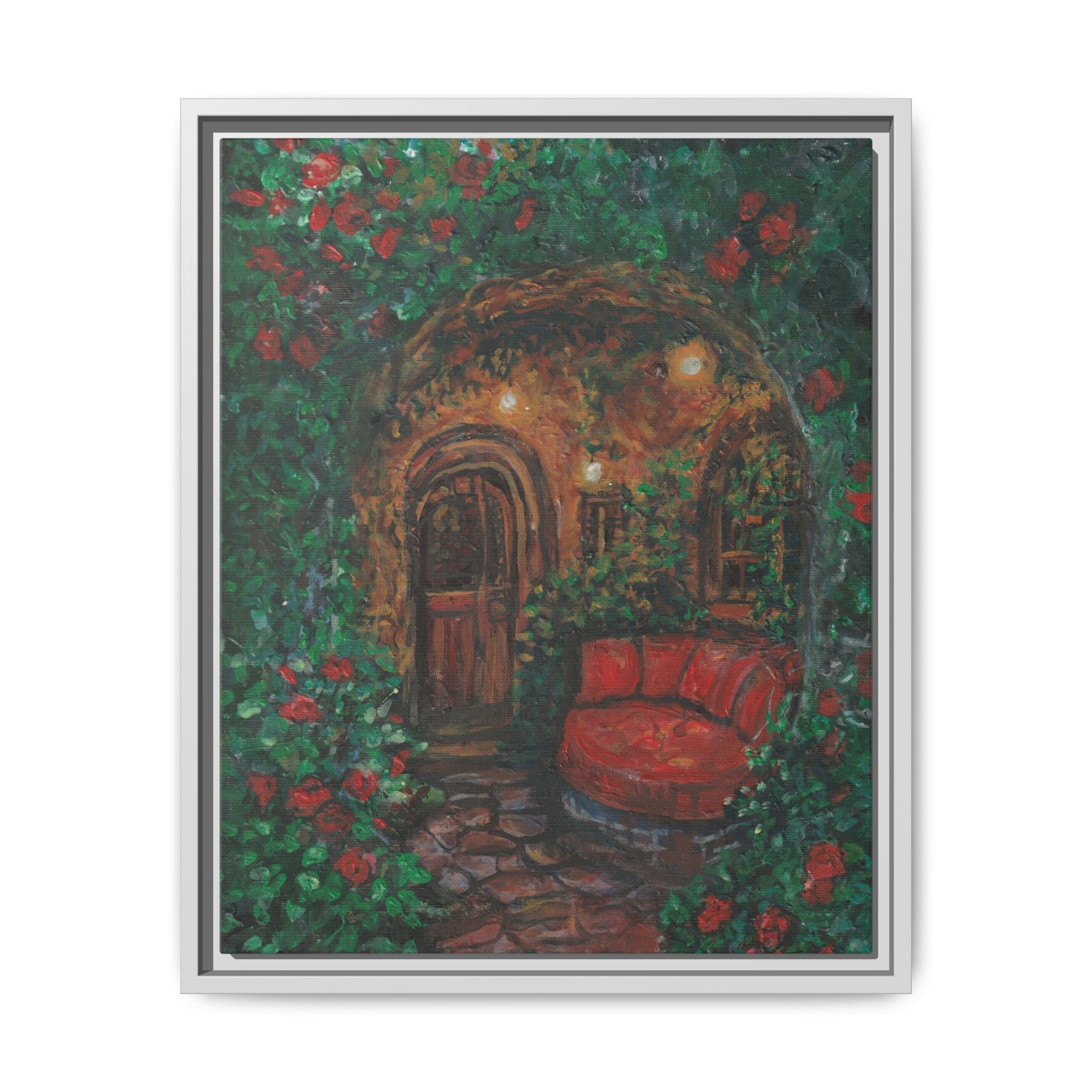 Framed Matte Canvas Art – Cozy Garden Doorway with Red Chair Print of Original Hidden Doorway