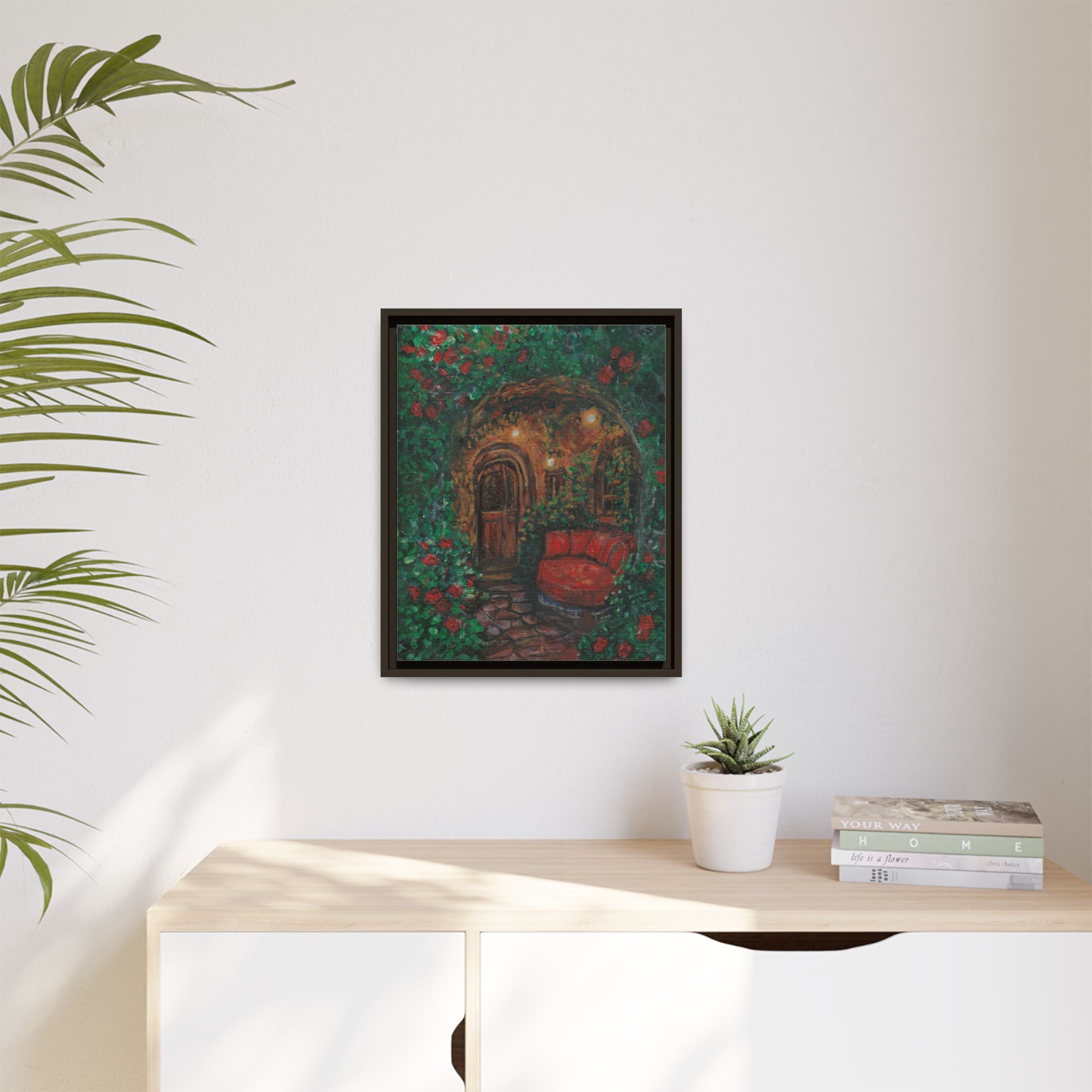 Framed Matte Canvas Art – Cozy Garden Doorway with Red Chair Print of Original Hidden Doorway