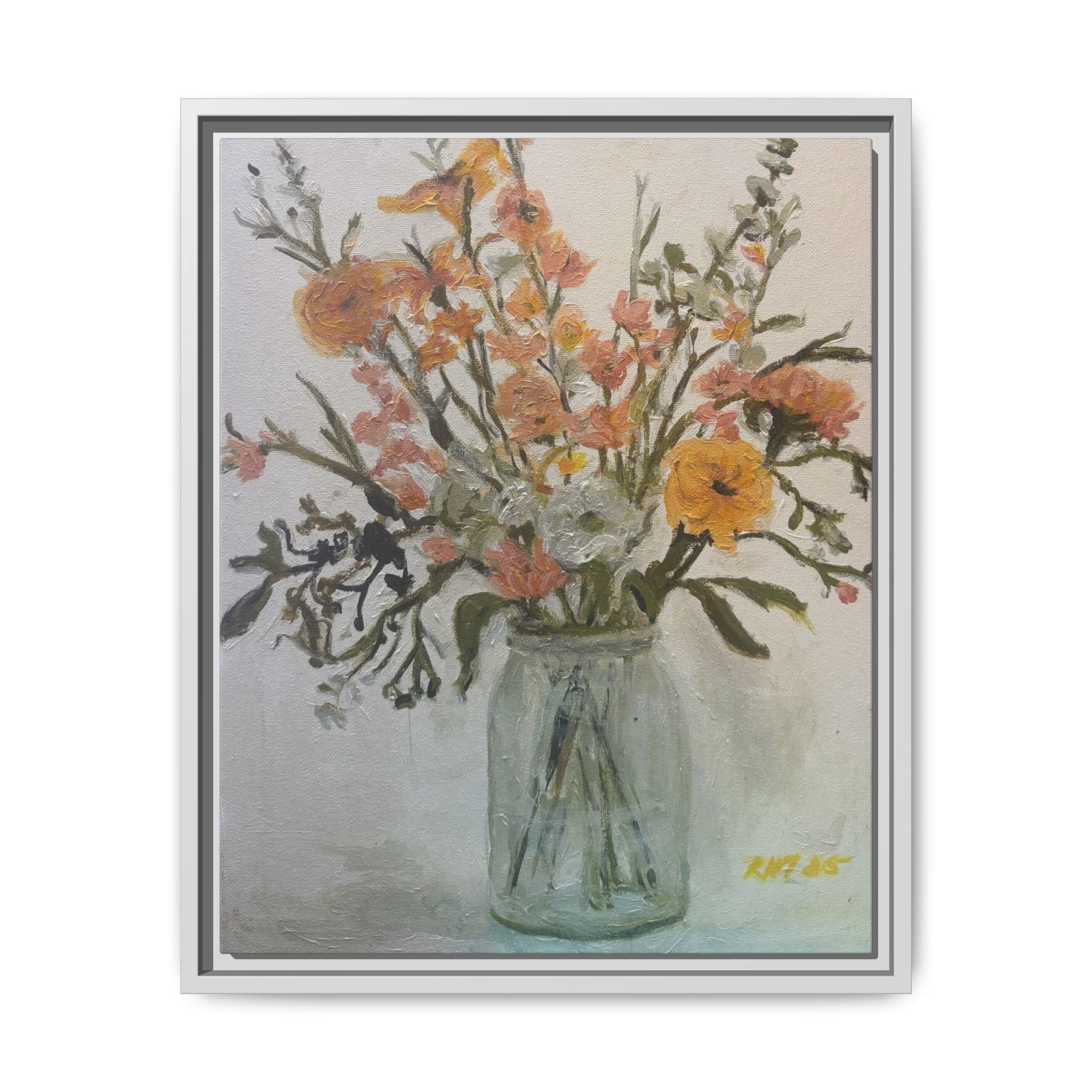 Framed Matte Canvas Art - Flower in Glass Jar Floral Painting Print of Original