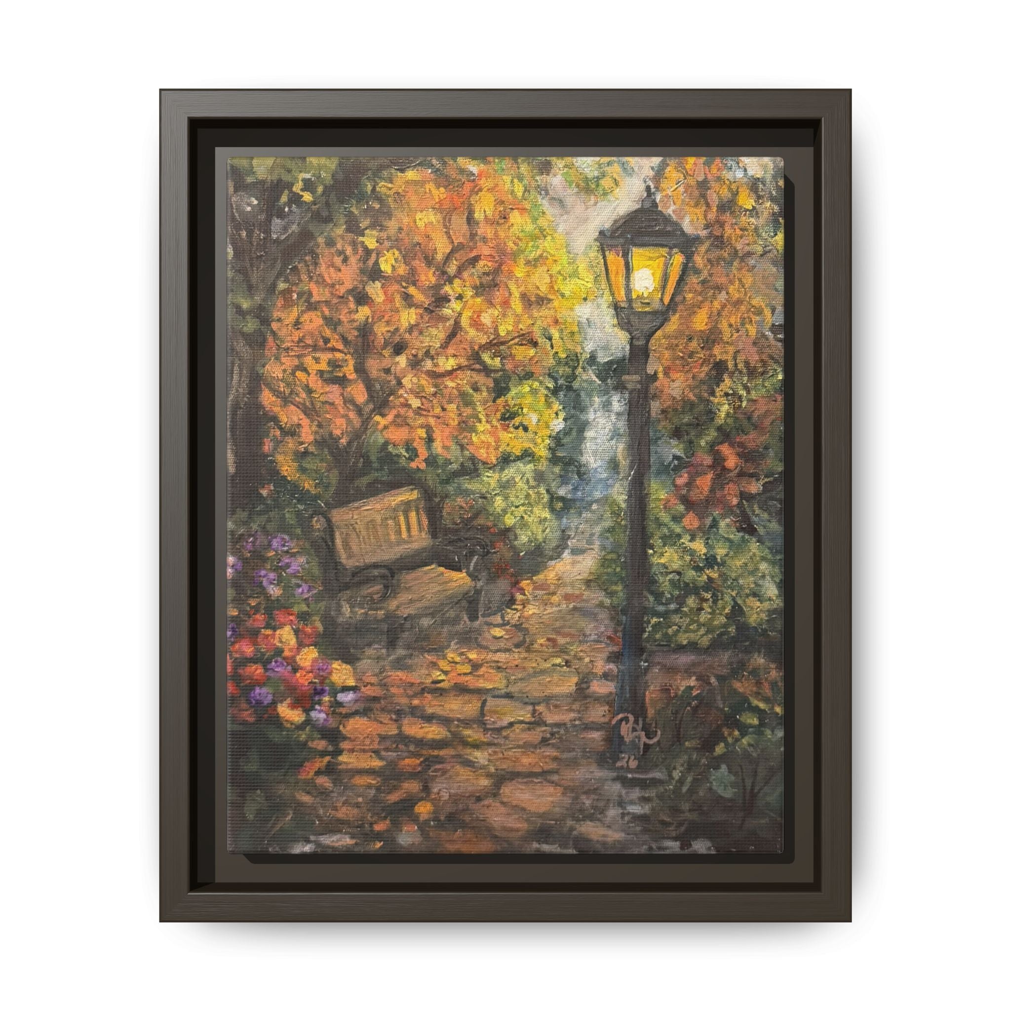 Framed Matte Canvas Art — Autumn Park Bench with Lamp Post (Cozy Fall Wall Decor)