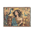 Gustav Klimt-Inspired Tapestry Throw Blanket — Art Nouveau Woman & Peacock Woven Blanket