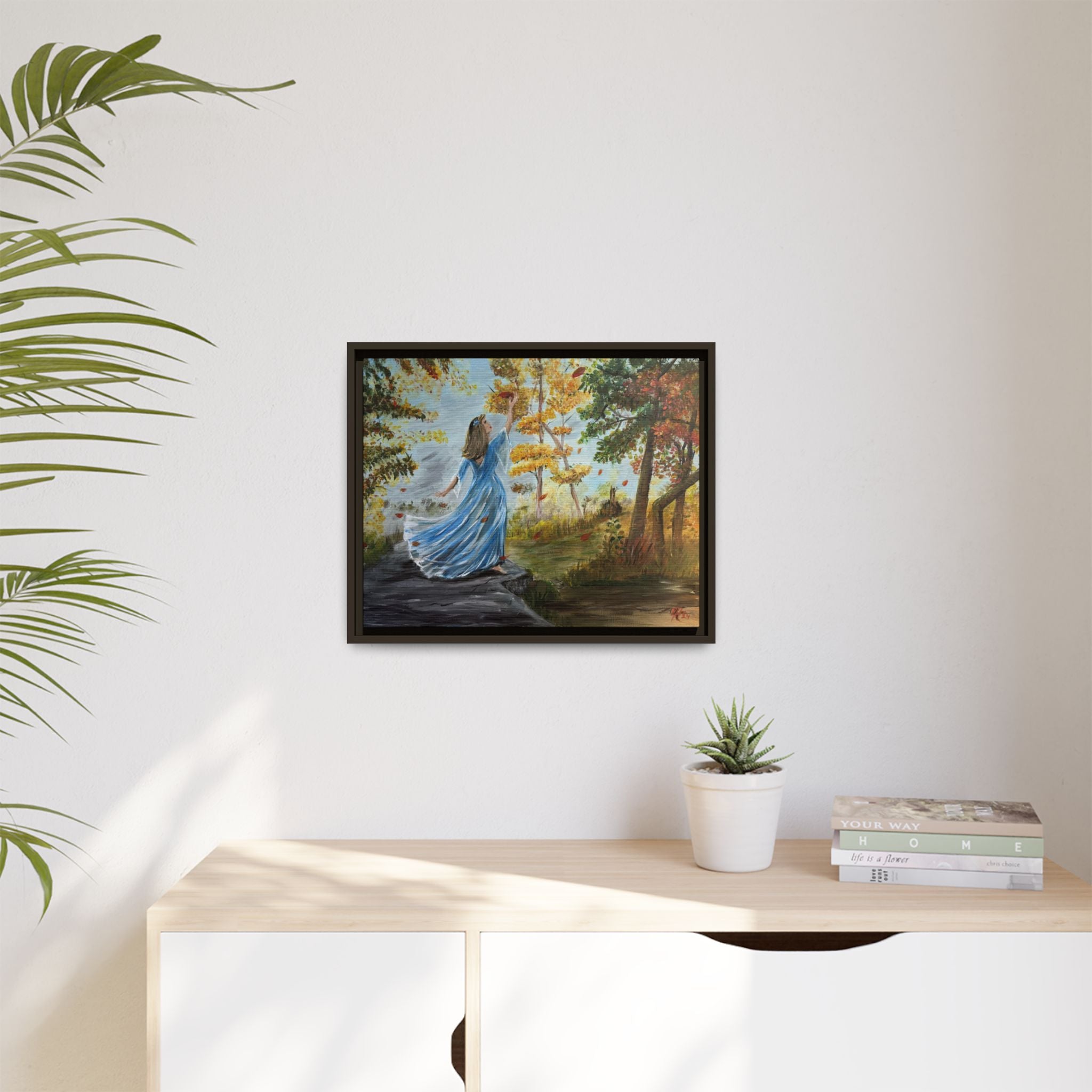 Autumn Breeze Canvas Print — Woman in Blue Dress Framed Wall Art