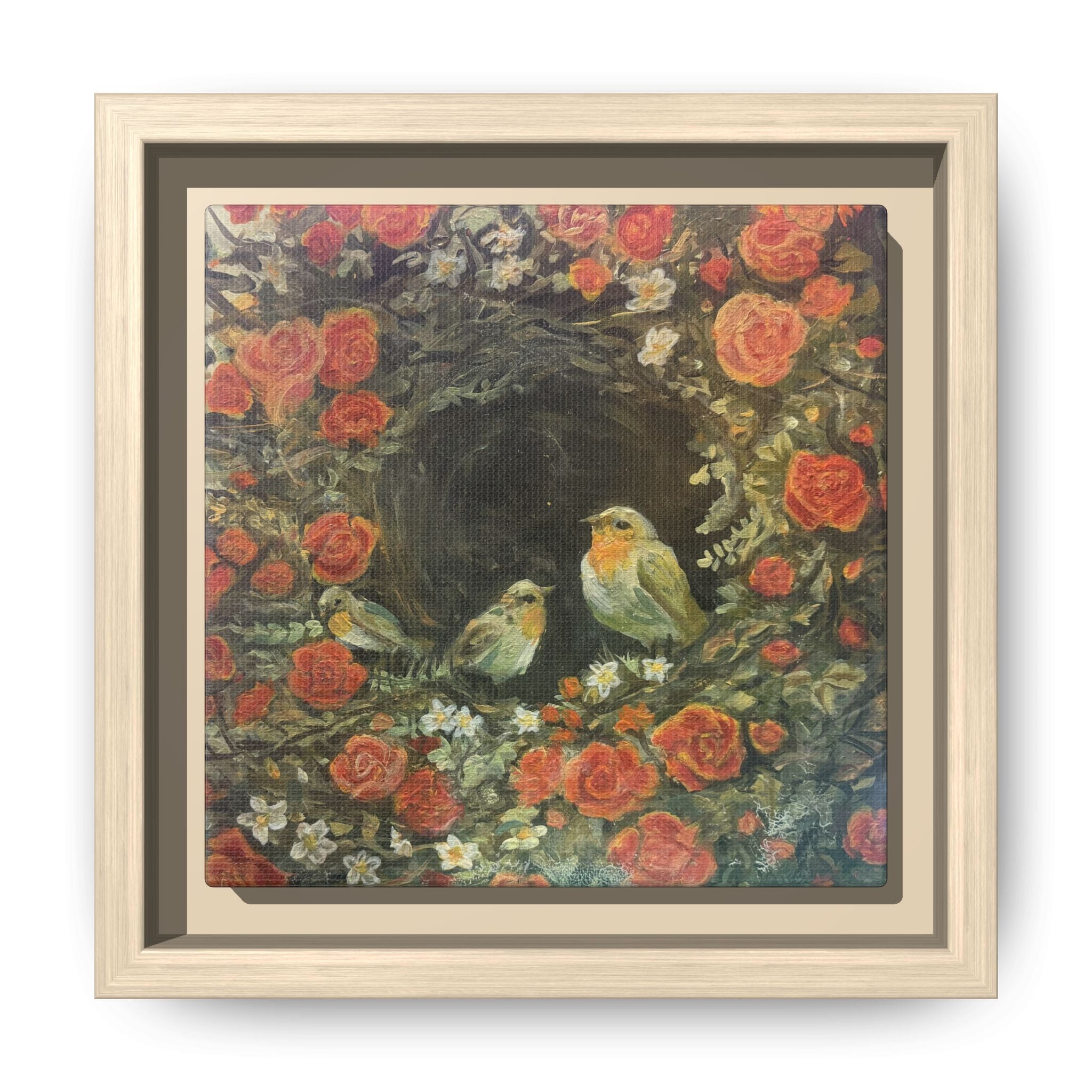 Framed Canvas Art - 'Nest of Roses' Botanical Bird Print