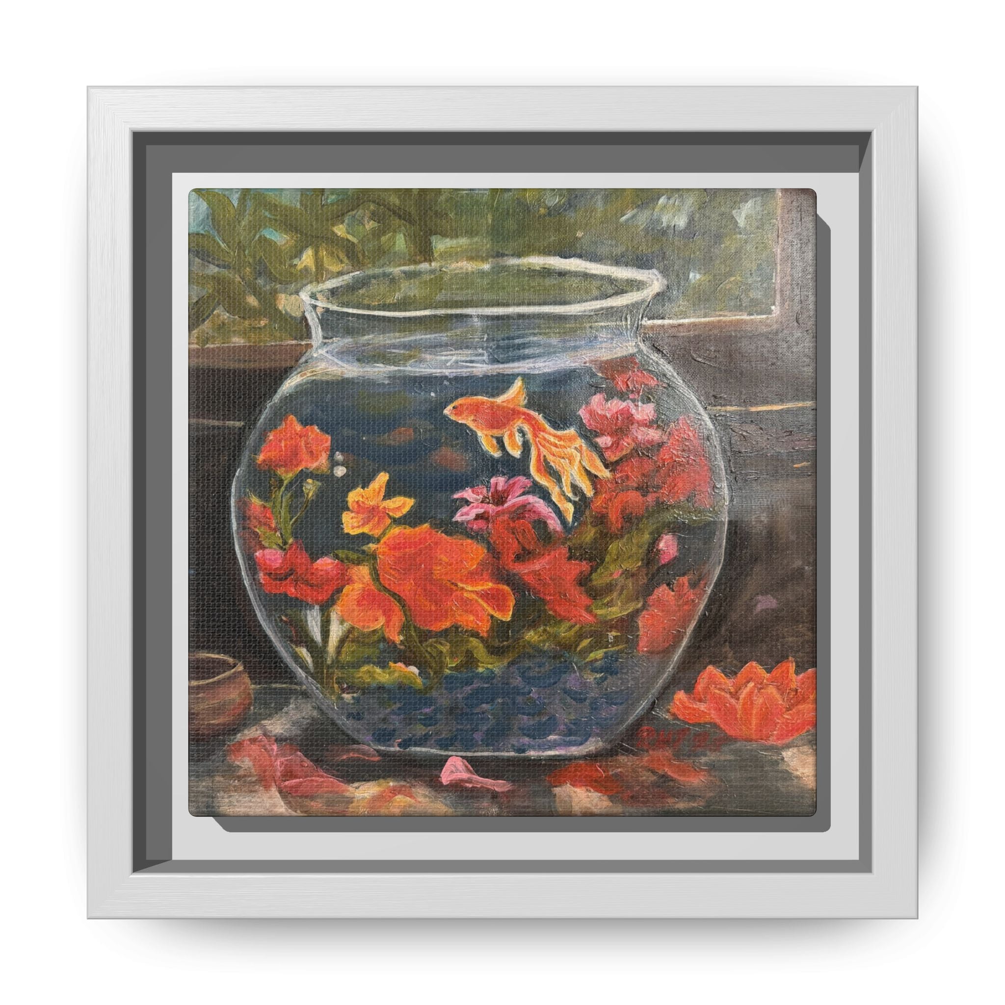 Framed Matte Canvas Print of Original– Colorful Goldfish Bowl Art