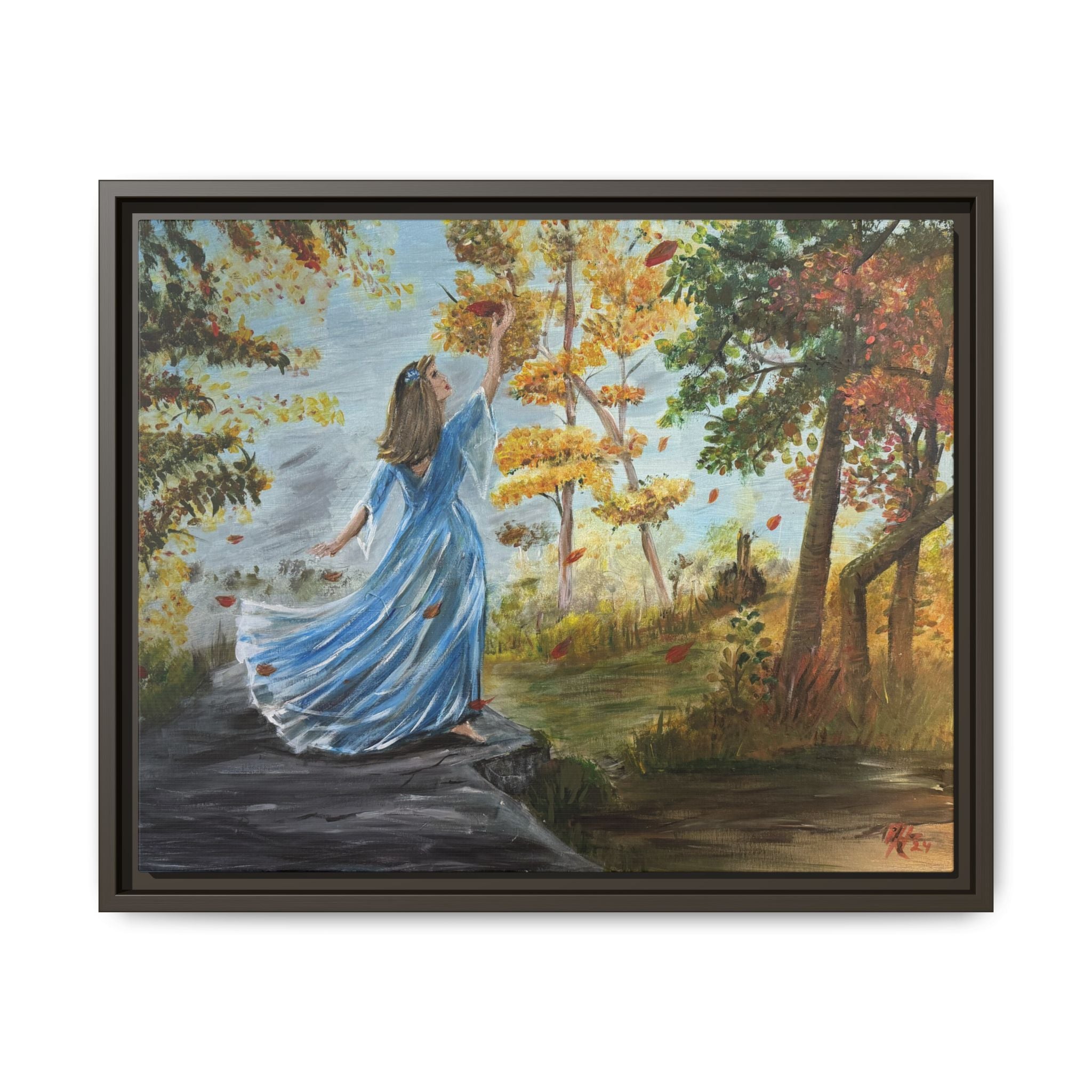 Autumn Breeze Canvas Print — Woman in Blue Dress Framed Wall Art