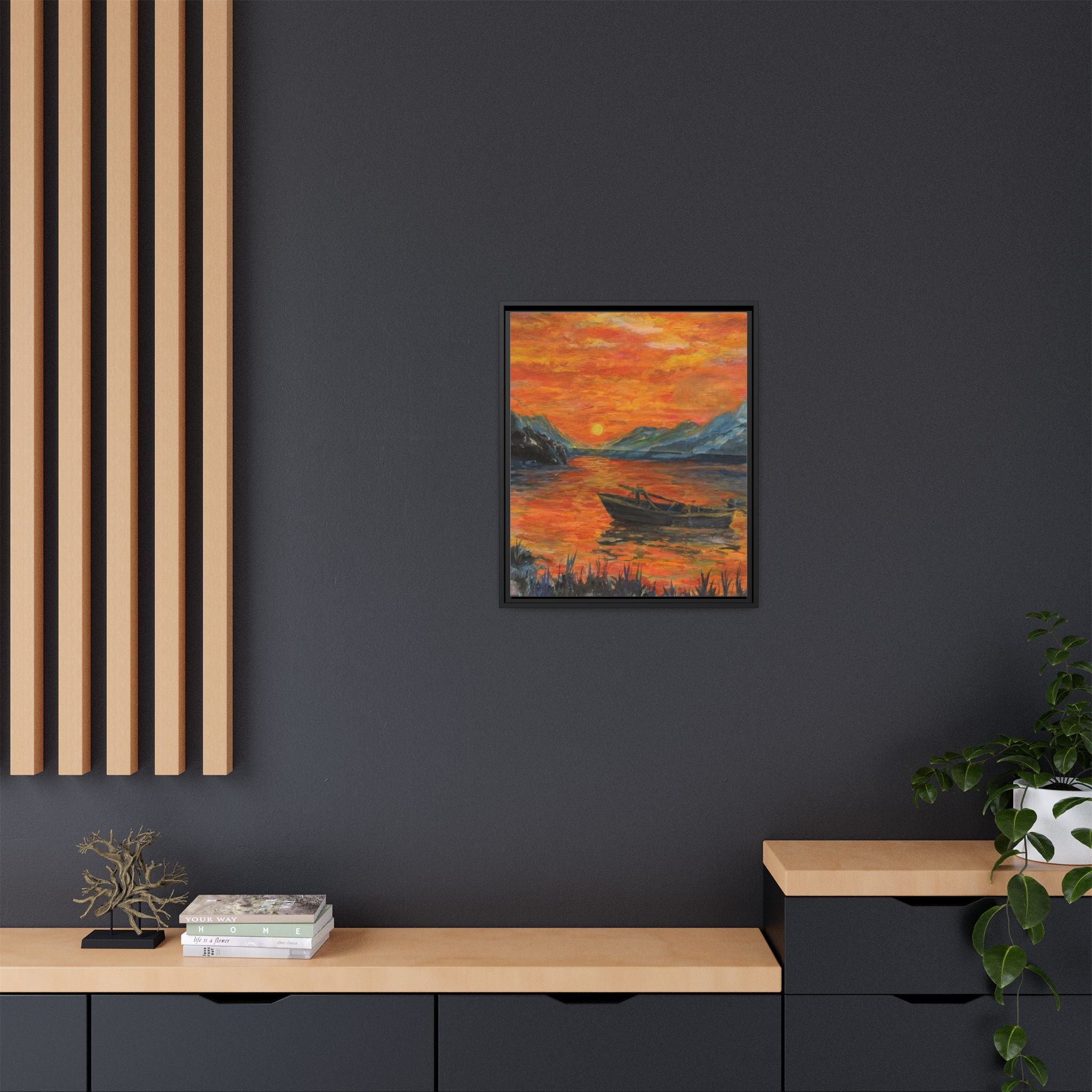 Boat on Sunset Lake Framed Canvas Print of Original — Orange Mountain Lake Wall Art