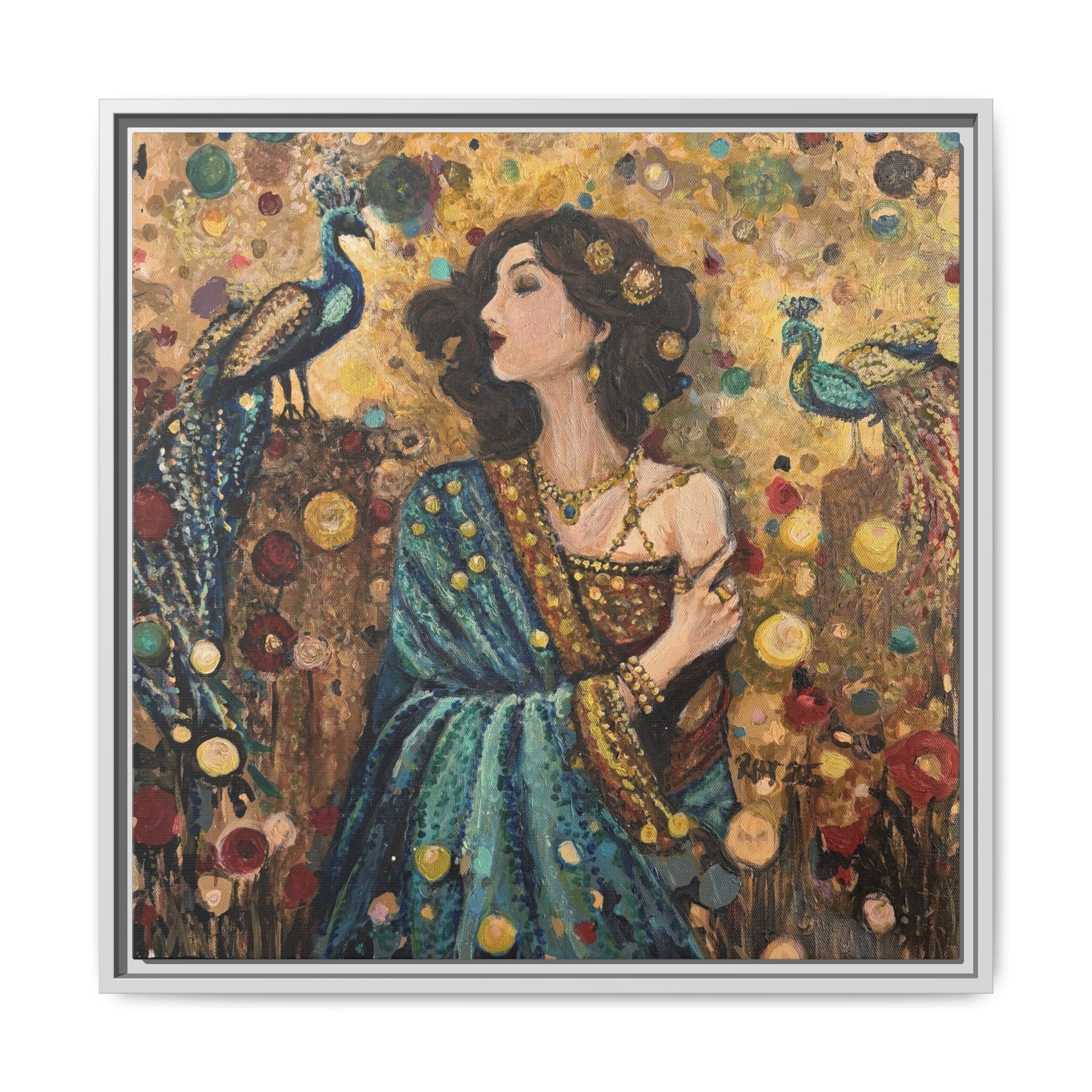 Gilded Peacock Muse Framed Canvas Art Print of Original— Bohemian Floral Decorative Print